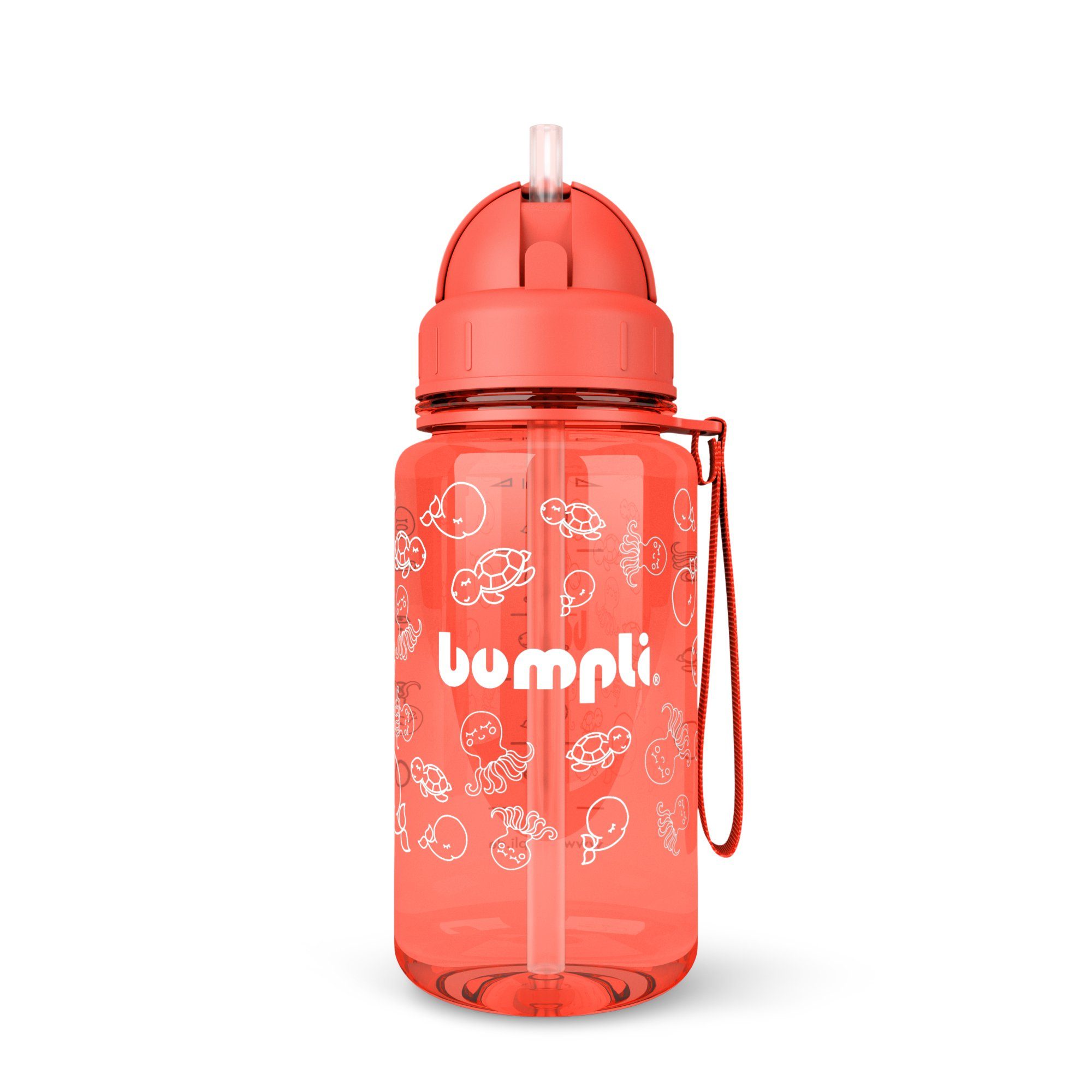 Wasserflasche, auslaufsicher, +Strohhalmdeckel, bumpli® BPA-frei, Trinkflasche Kinder Trageschlaufe, Fruchtsieb 350ml Trinkflasche Rot spülmaschinenfest,
