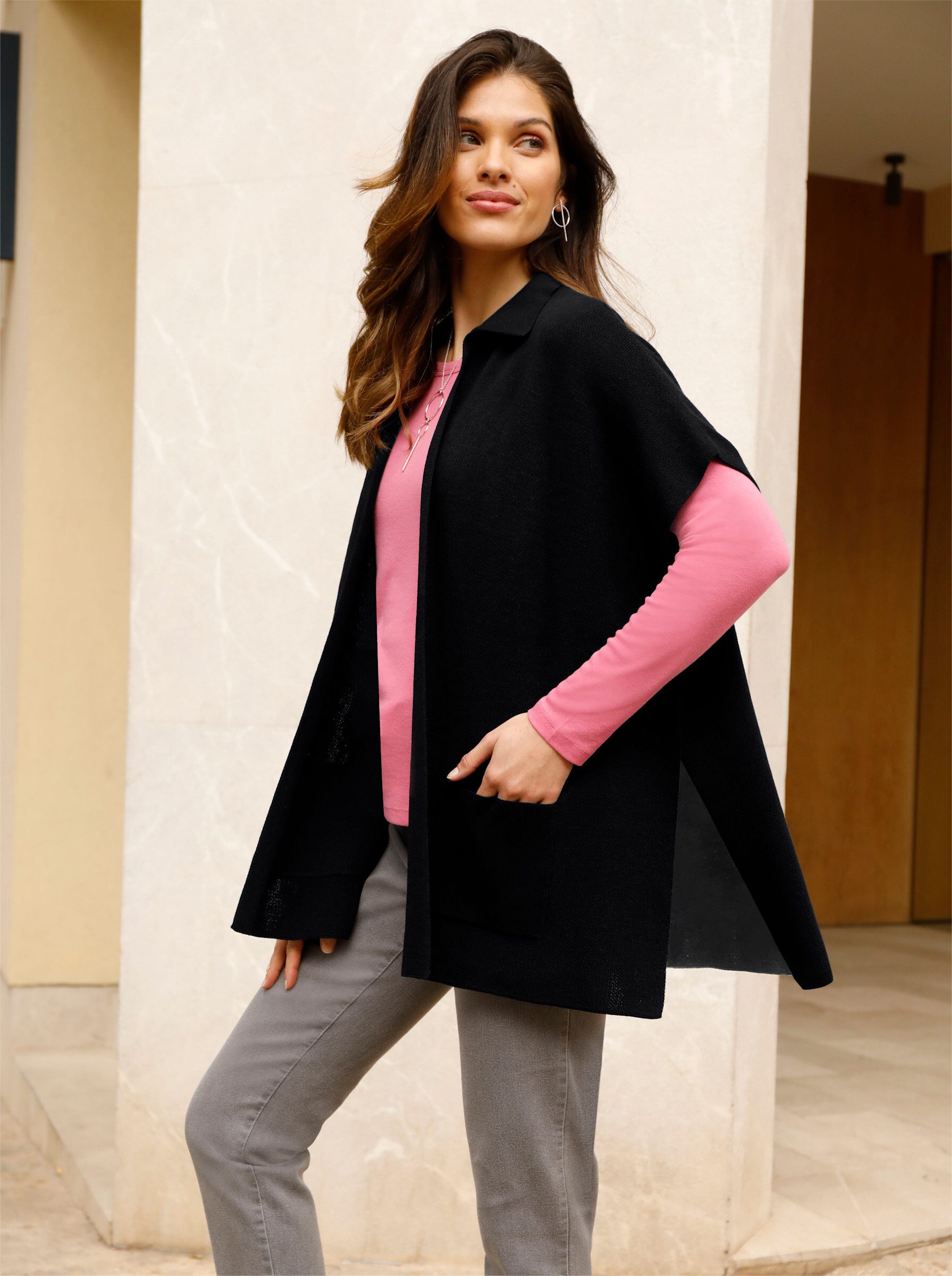 Sieh an! Strickjacke Poncho Ärmellos Jacquard