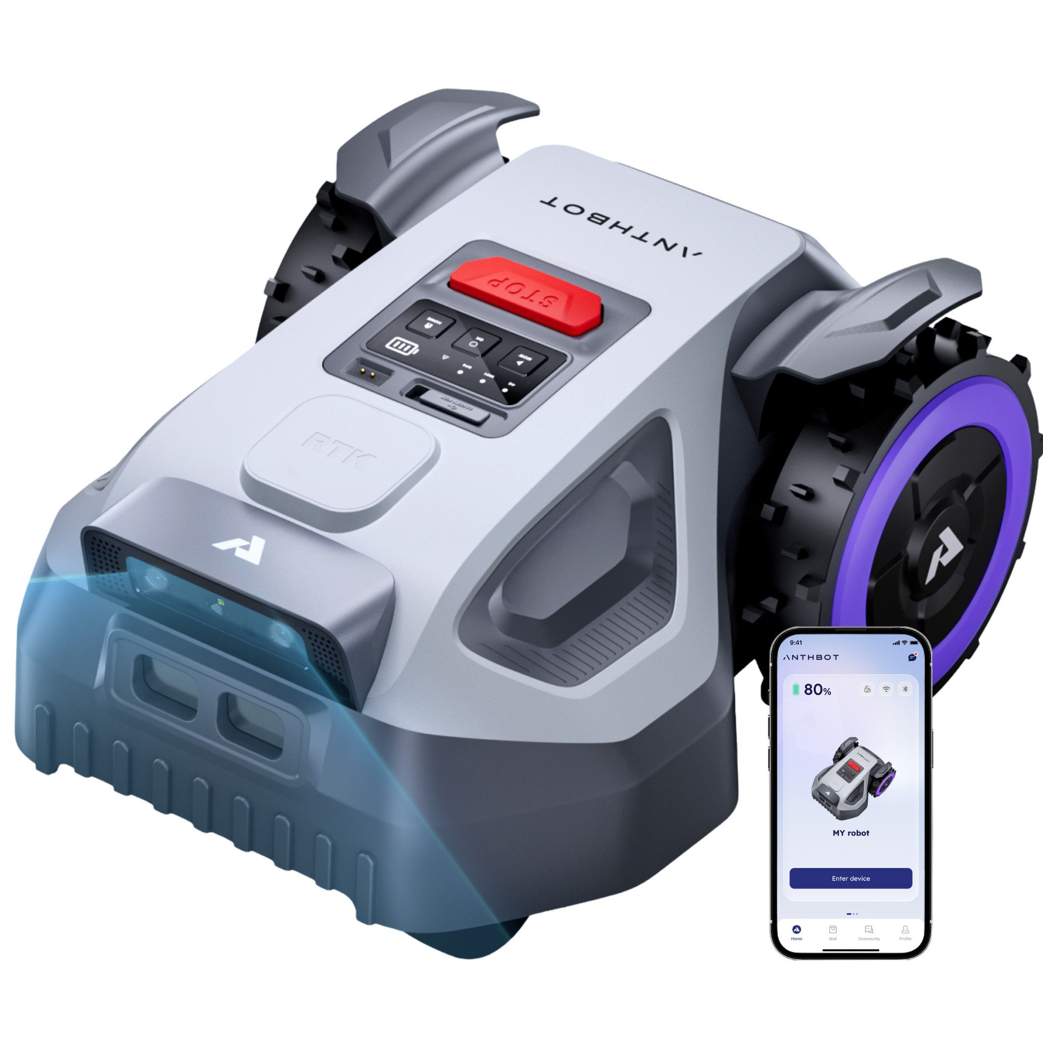 ANTHBOT Rasenmähroboter M5 Serie Ohne Begrenzungskabel mit RTK-Navigation & HDR-Dual-Vision, bis 500 m² Rasenfläche, (für Gärten bis 500 m², meistert Steigungen bis zu 45), smarte App-Steuerung, aktiver Tierschutz & KI-Hindernisvermeidung