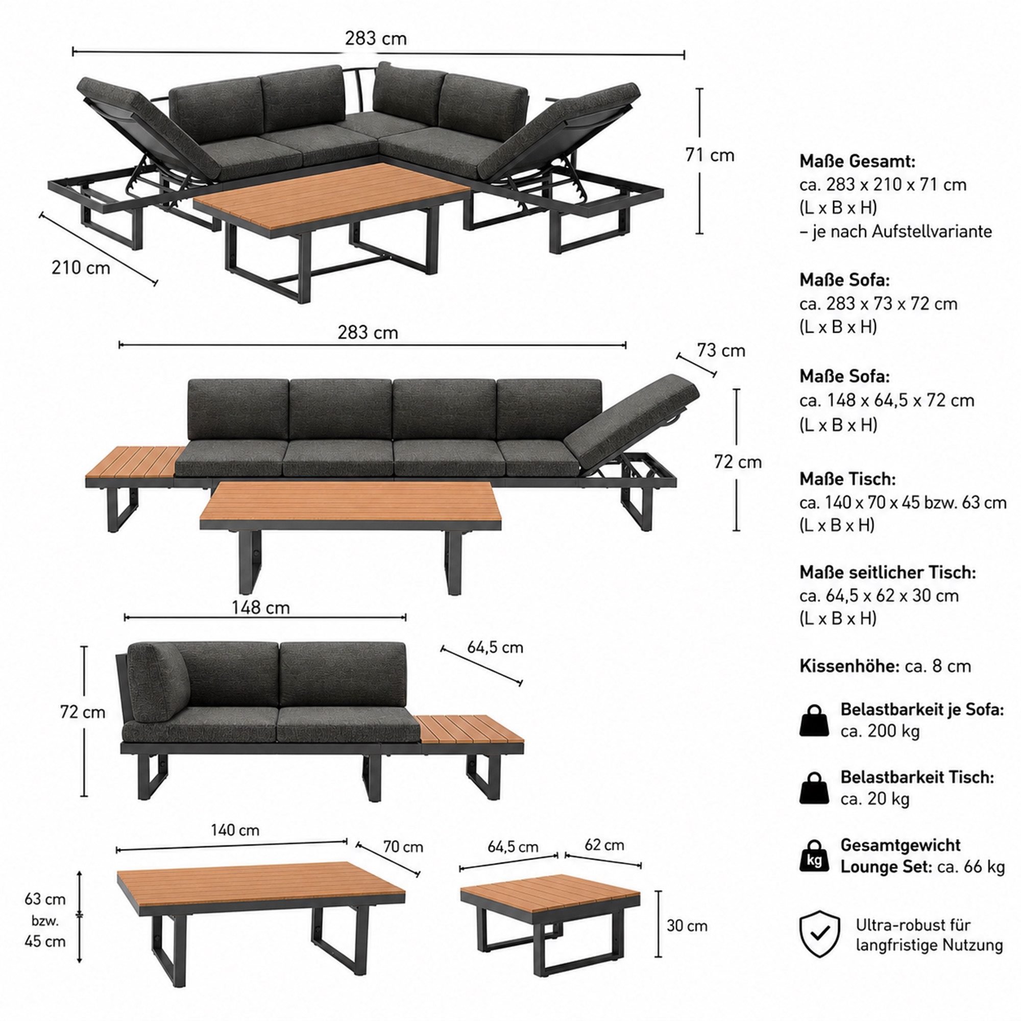 Mucola Gartenlounge-Set Aluminium Sitzgruppe mit Liegefunktion inkl. Kissen & Beistelltisch, (Lounge-Se, 2-tlg., Ecksofa mit integrierter Liegefunktion, Beistelltisch inkl. Kissen), Liegefunktion, Aluminiumgestell, Waschbare Kissenbezüg, Beistelltisch