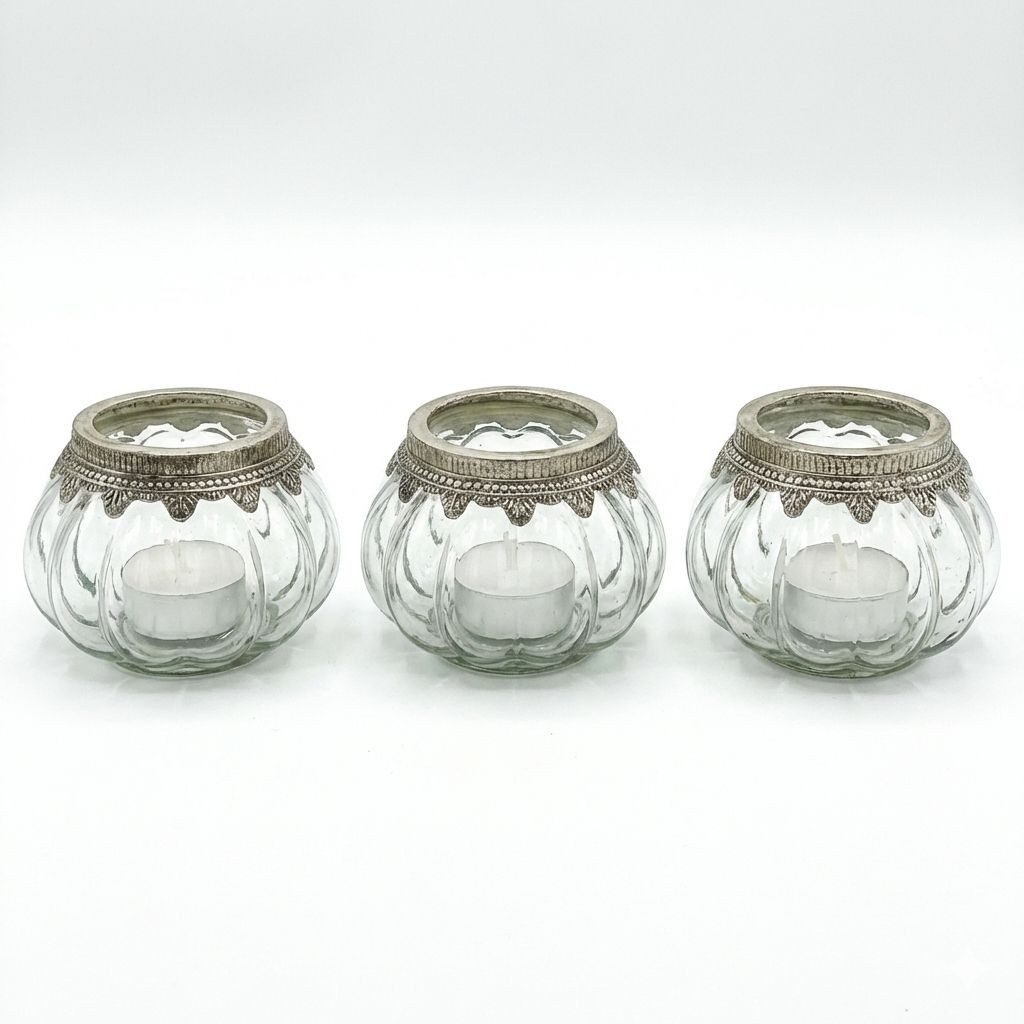 Exner GmbH Garten- & Wohnaccessoires Windlicht Vintage Glas mit Metallrand auch für Maxi Teelichte Ø 15 x 13 cm (3er-Set), Aus Glas mit Metallring