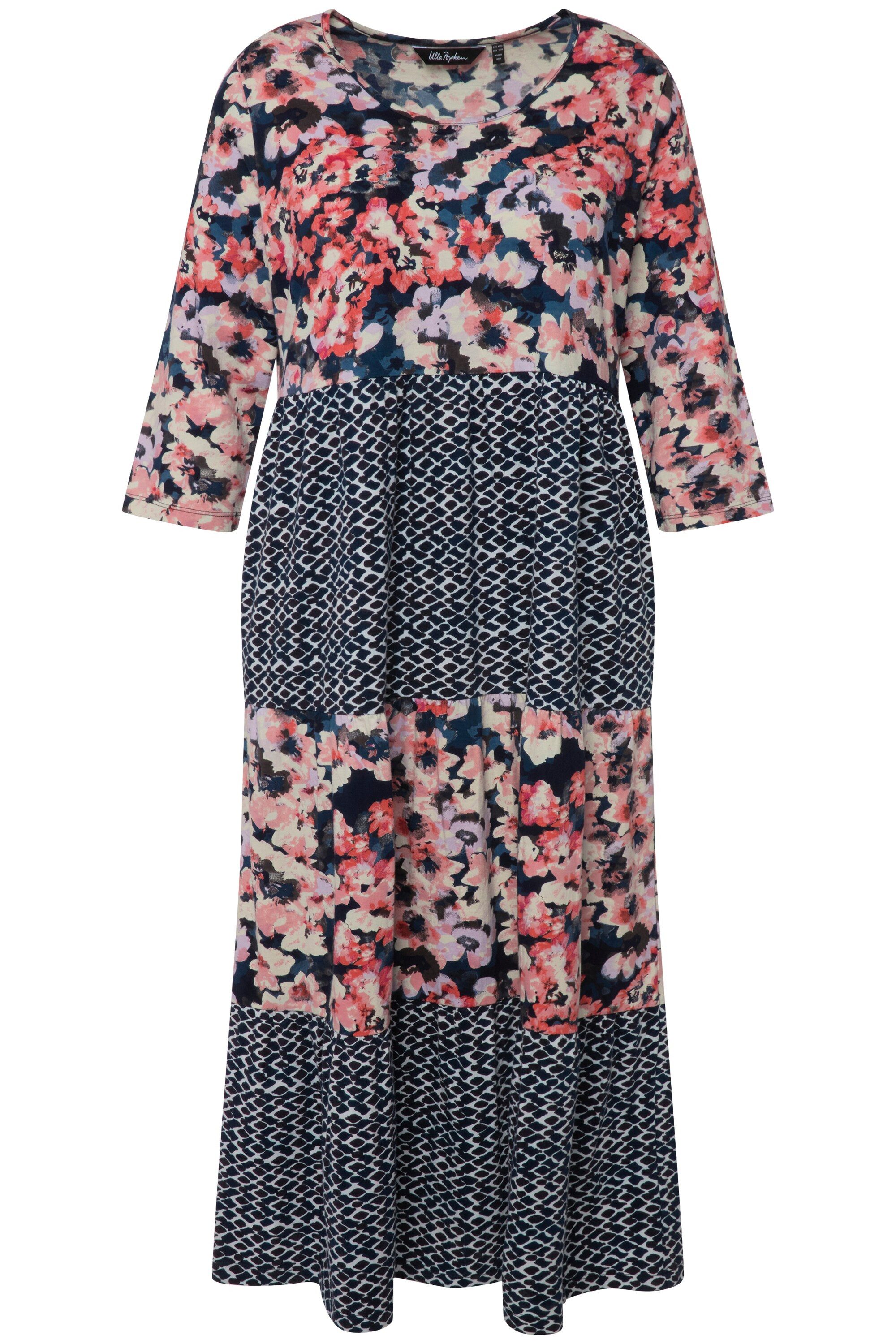 Jerseykleid Midikleid Musterstreifen A-Linie Rundhals 3/4-Arm