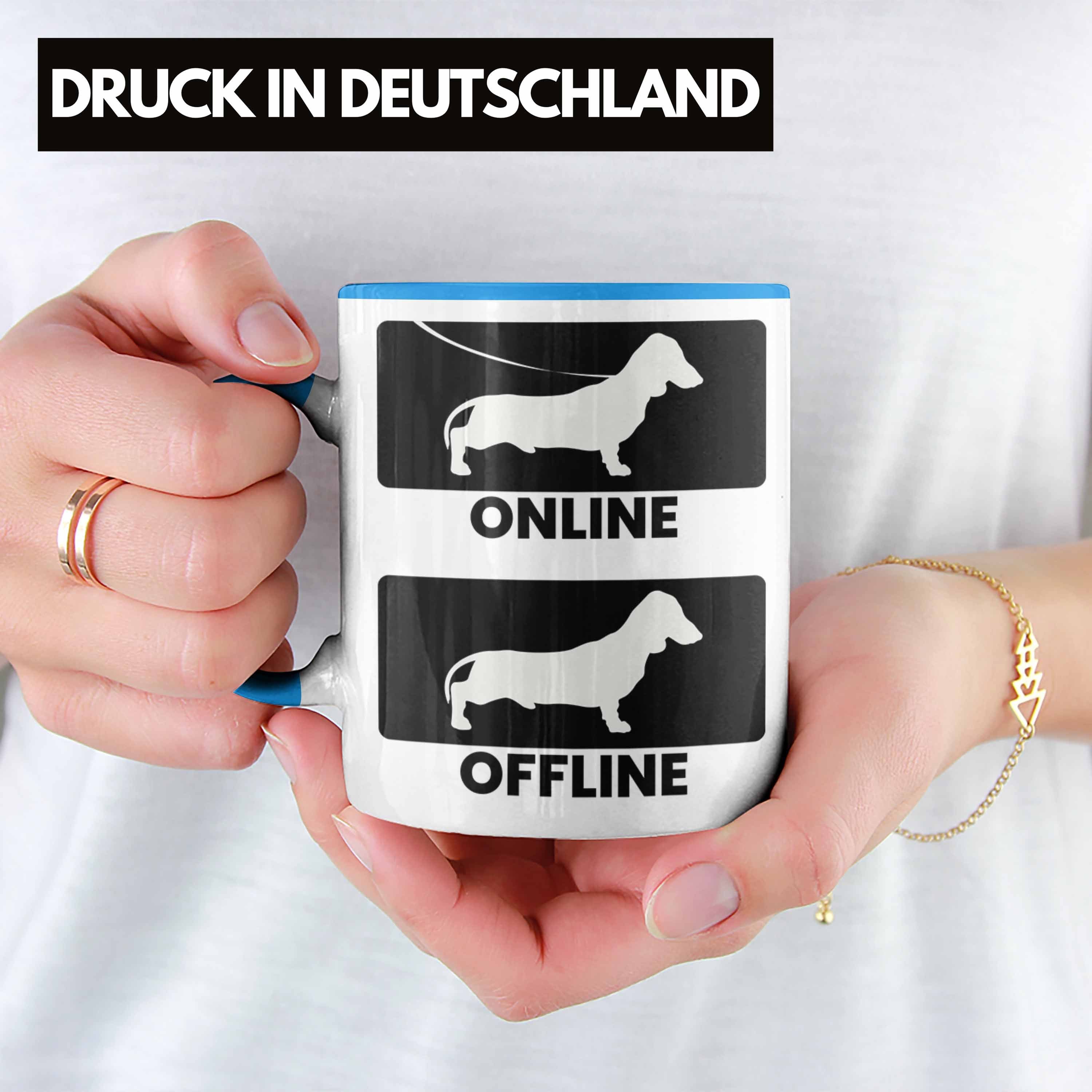 Tasse Dachshund Lustig Online Dackel Offline Trendation Blau Tasse Geschenke Rauhaardackel