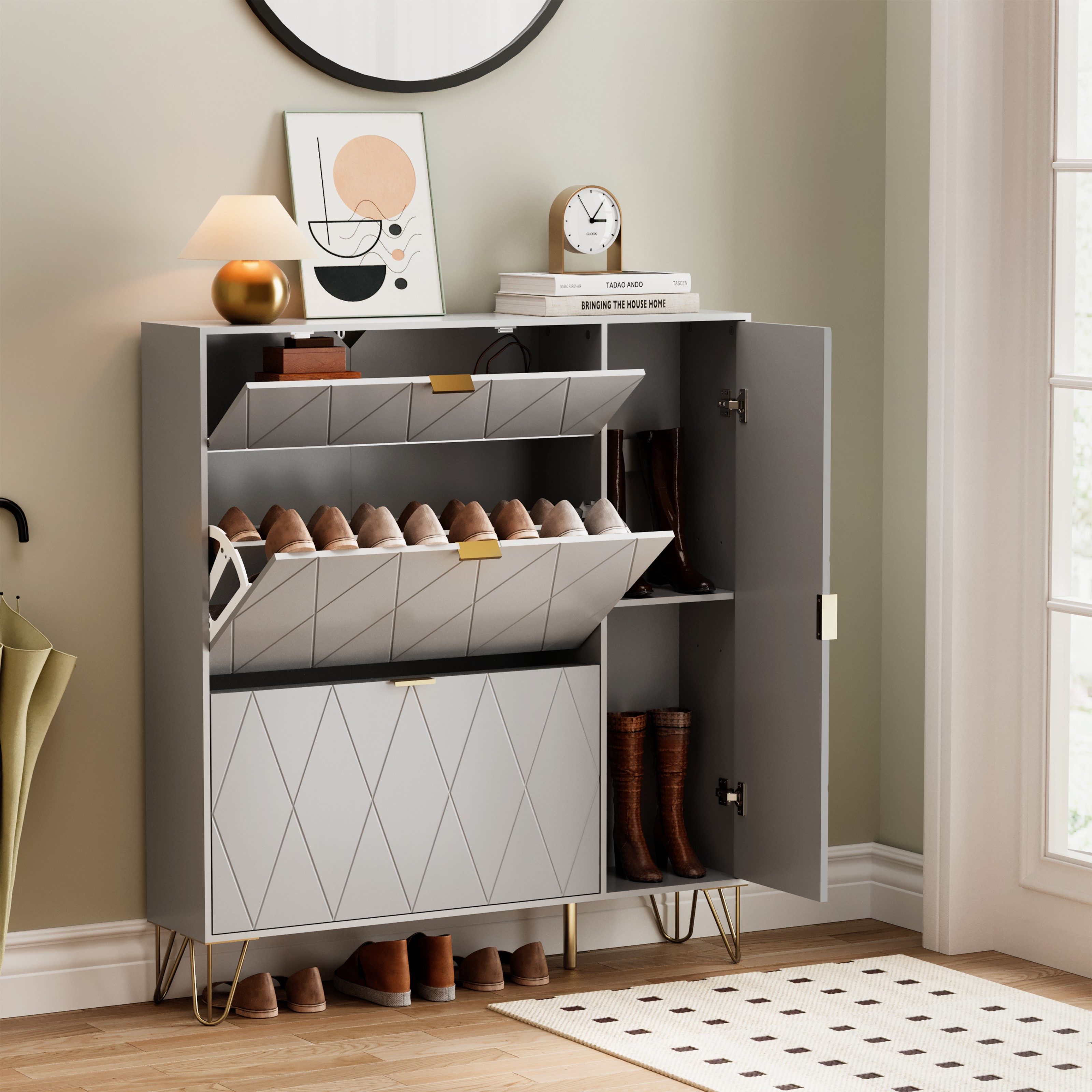 UEV Schuhschrank mit 4 Klappen schmal Schuhkipper Schuhregal (105x24x120cm) verstellbare und herausnehmbare Trennwände für verschiedene Schuhtypen