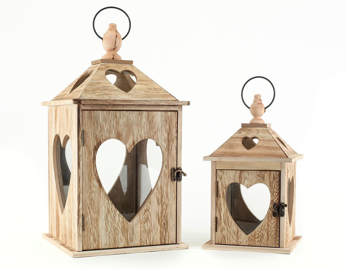Levandeo® Kerzenlaterne, 2tlg. Laternen Set Holz Herzen braun Glas Shabby C günstig online kaufen