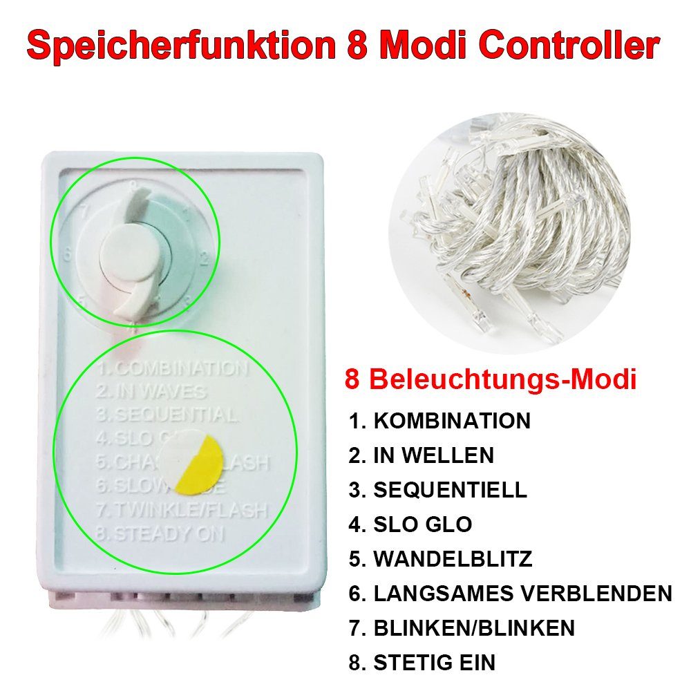 und 8 Vorhang Lichter, Modi Schneeflocke LED-Lichterkette Märchen für Rosnek Weihnachten Speicherfunktionen Weiß Party, String verschiedene LED