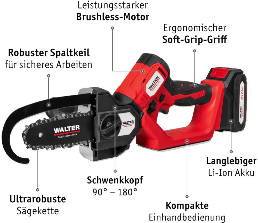 WALTER Akku-Astschere 18V Akku Entaster 2in1 Kettensäge Gehölzschneider Astsäge + 2Ah Akku, 120 mm Schnittleistung