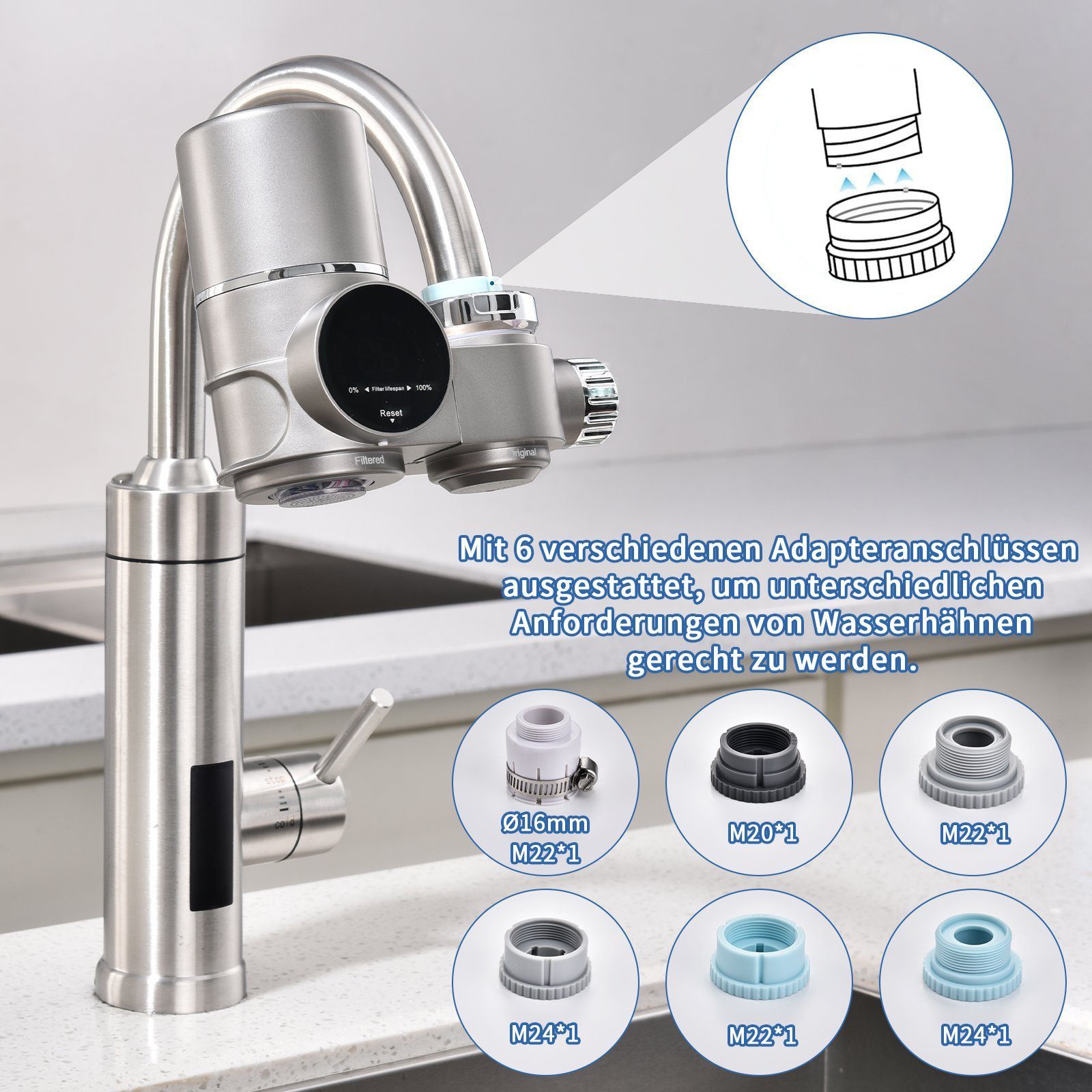 HOMELODY Wasserhahnfilter Wasserhahn Wasserfilter mit Blaulicht Heimküchen Wasserfilter, Küche, entfernt Chlor, Schwermetalle, für Standard-Wasserhähne