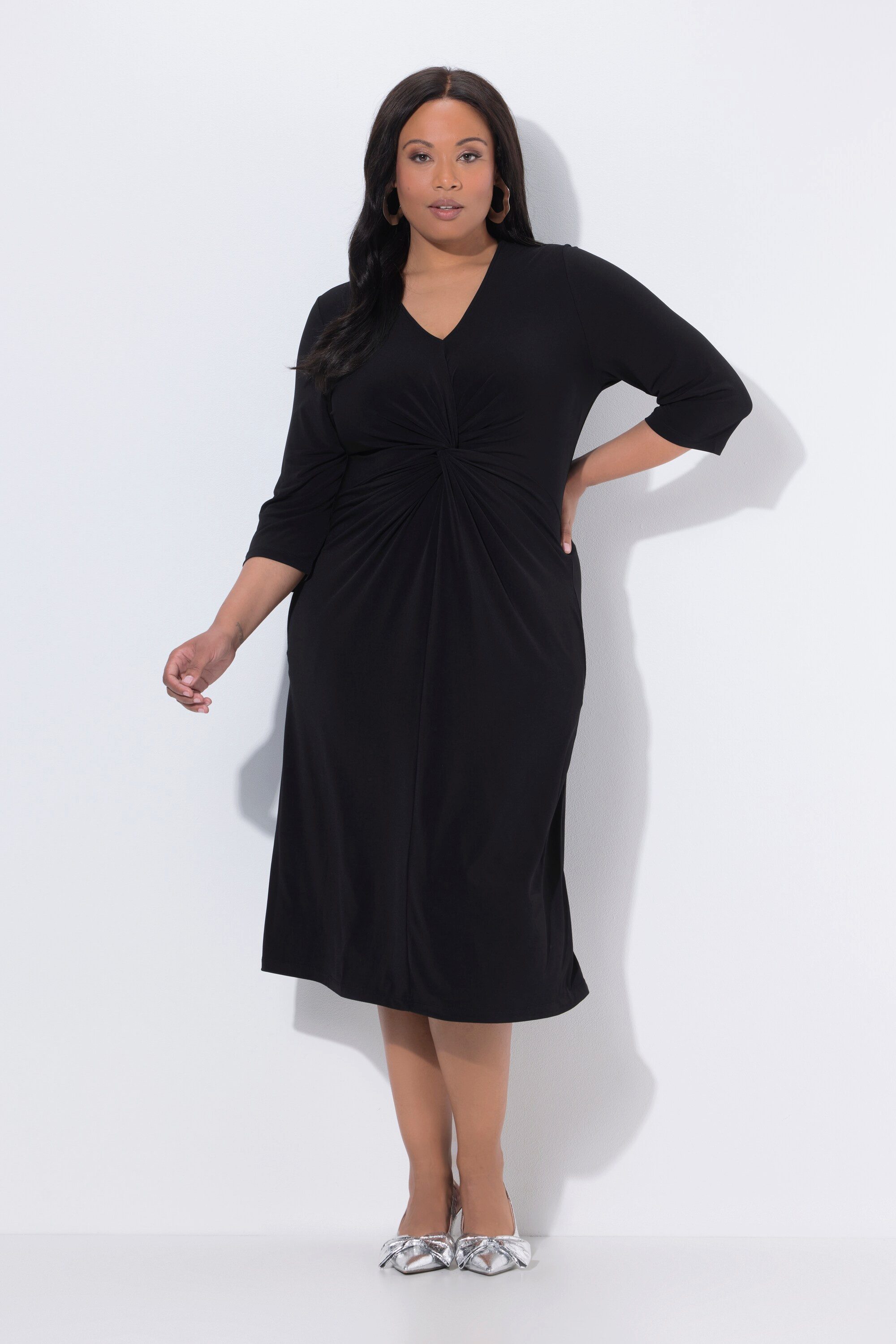 Maxikleid Midikleid A-Linie V-Ausschnitt 3/4-Arm Taschen
