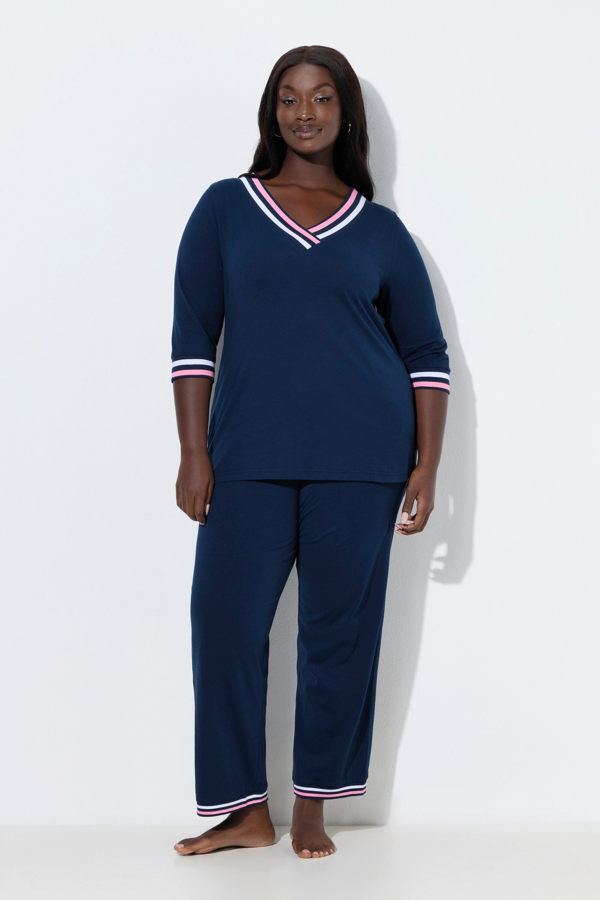 Ulla Popken Pyjama Pyjama Streifendetails V-Ausschnitt 3/4-Arm