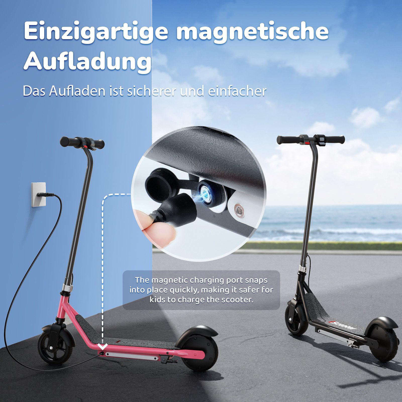 iscooter Miniscooter Elektro-Kinderroller Kinder von 6-12 Jahren mit magnetischer Aufladung, (1 tlg), 150W, 16km/h, LED-Anzeige, farbige Lichter, Doppelbremsen