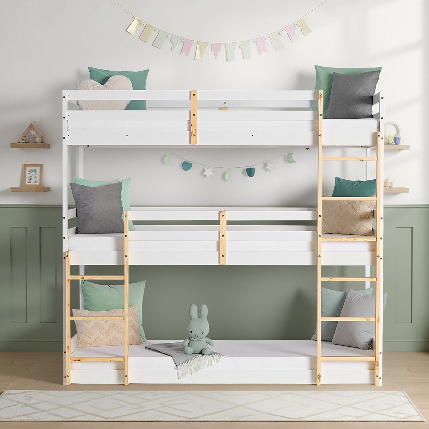 Homestyle4u Etagenbett 90x200 Hochbett Kinderbett Weiß Natur 3 Kinder Doppelstockbett Treppe (Set, mit Bettkasten/Schublade, Lattenrost, 3 Liegeflächen, 2 Leitern), mit 3 Liegeflächen