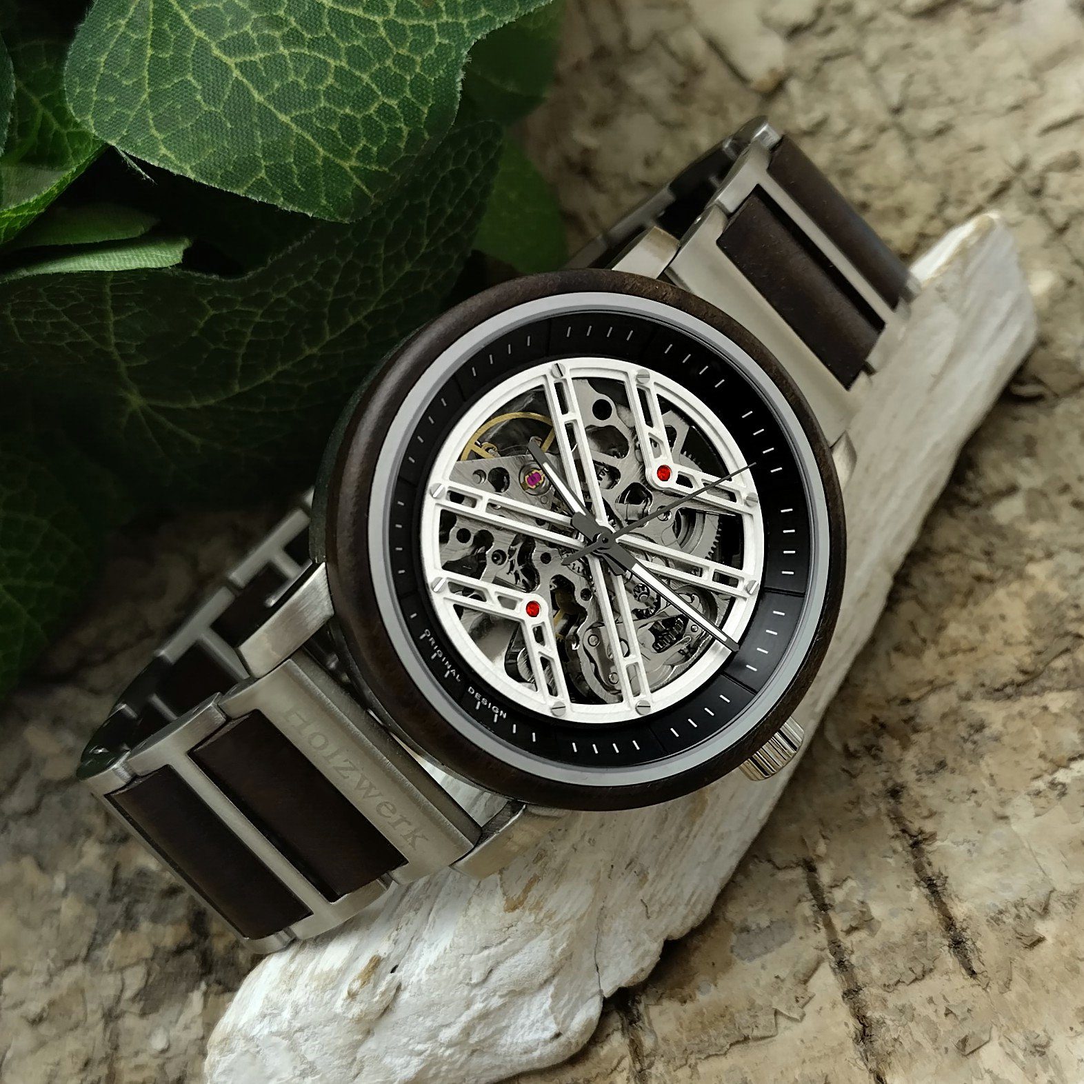 weiß, silber, braun Uhr, COCHEM & Holz Edelstahl matt Armband Automatikuhr Holzwerk Herren