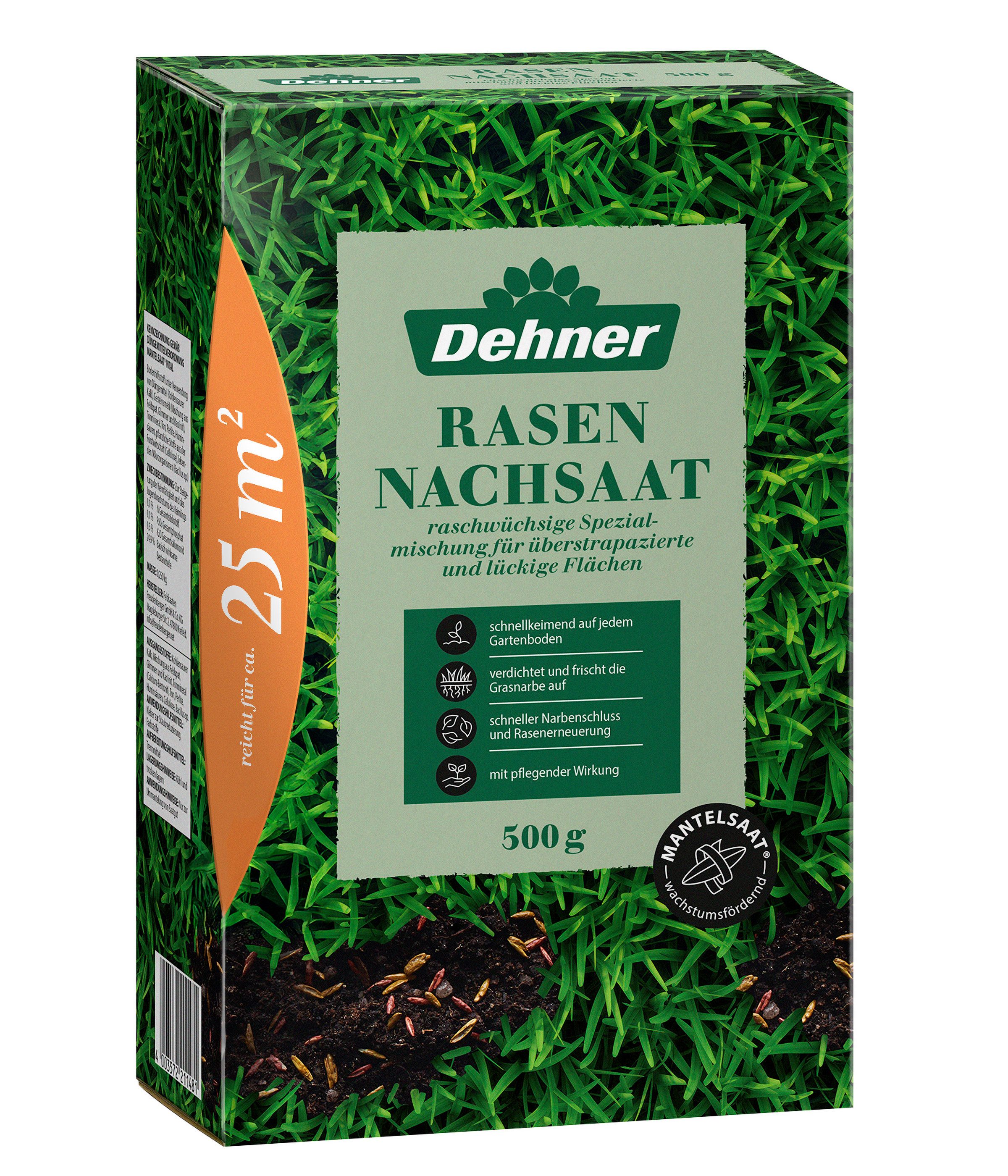 Dehner Rasensamen Rasen-Nachsaat Saatgut, schnell keimend, pflegeleicht, versch. Größen, 0,5 kg, trittfest, ideal zur Regeneration, hochwertige Mantelsaat