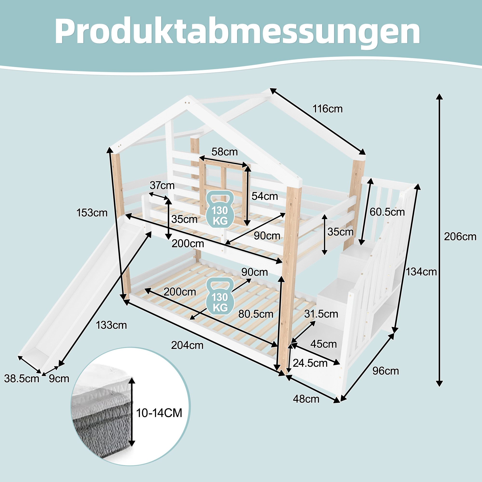 LVHOM Kinderbett Spiel-Spitze Etage mit Rutsche und Treppe, Rundum-Geländer, Holzrahmen (Massivholz Komplettset, Liegefläche: 2 mal 90x200cm, 2-stöckiges Hausbett(Dach-Design), Hochbett/Etagenbett mit integrierter Rutsche, stabiler Treppe mit Staufächern, Tragkraft: 130kg/Etage. Platzsparend, skandinavisch, stabil/sicher für Geschwister, Kindergartenkinder, Gästeübernachtungen), Kombinierter Schlaf-, Spiel- und Ordnungsbereich. Bietet für 2 Kinder