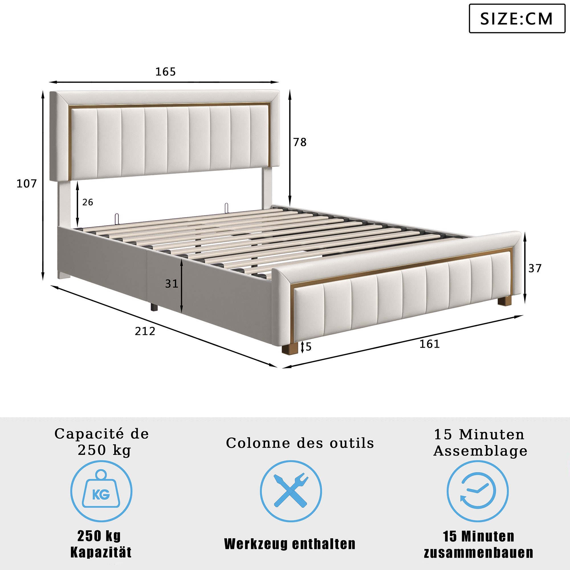 PXloue Stauraumbett Polsterbett Doppelbett, mit bettkasten und Lattenrost,Samtstoff,160x200 cm – Bild 5 von 5