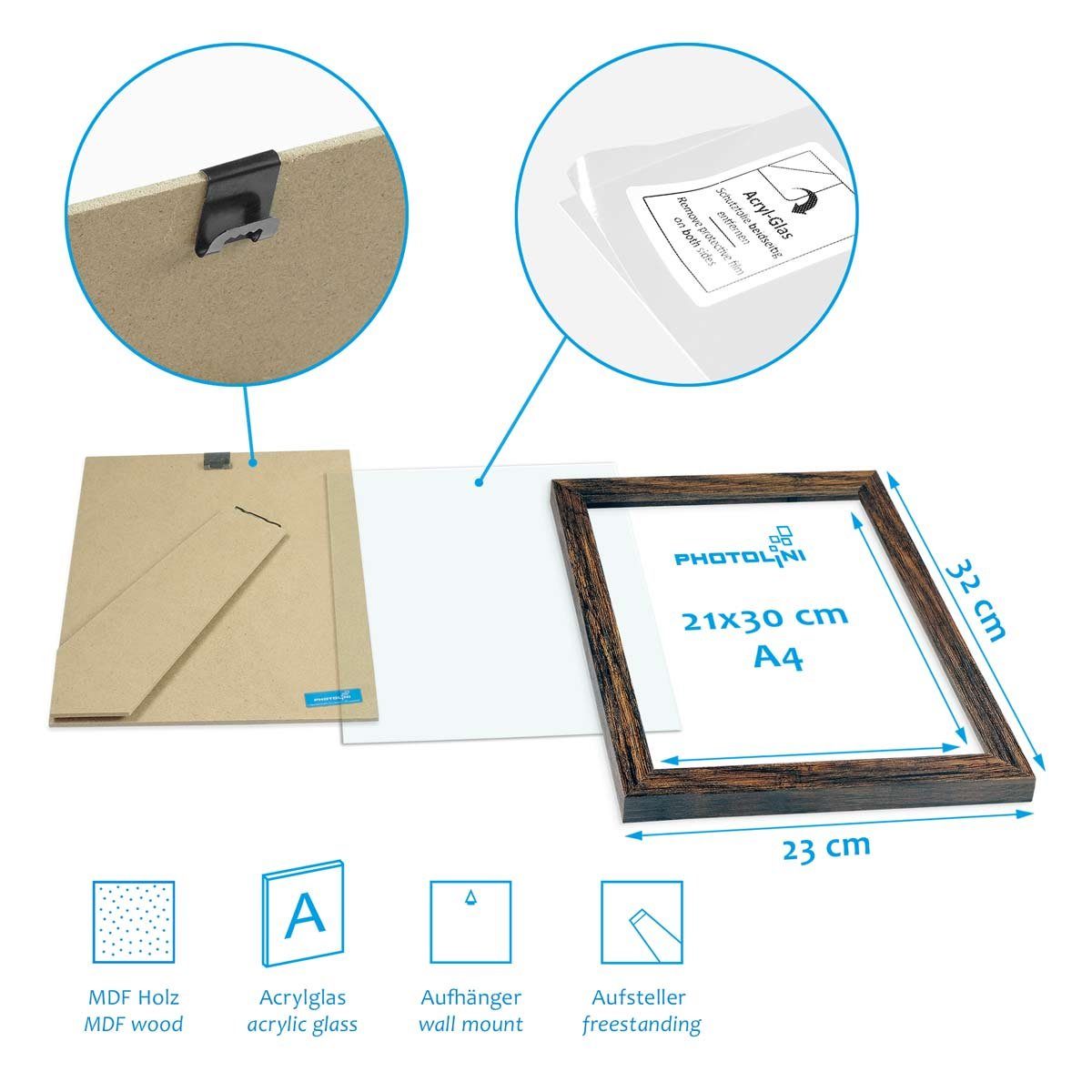 PHOTOLINI Bilderrahmen 4er Set 21x30 cm / DIN A4 Poster-Rahmen, zum Aufhängen & Aufstellen, für 4 Bilder (4er Set), MDF Holz, bruchsicheres Acrylglas & Zubehör, für Fotos & Poster