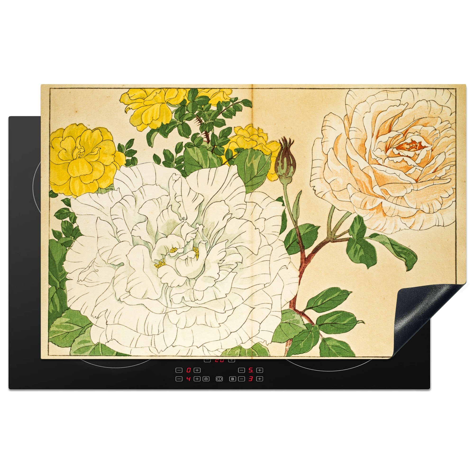 MuchoWow Herdblende-/Abdeckplatte Japanischer Holzschnitt mit Blumen, Vinyl, (1 tlg), 81x52 cm, Induktionskochfeld Schutz für die küche, Ceranfeldabdeckung