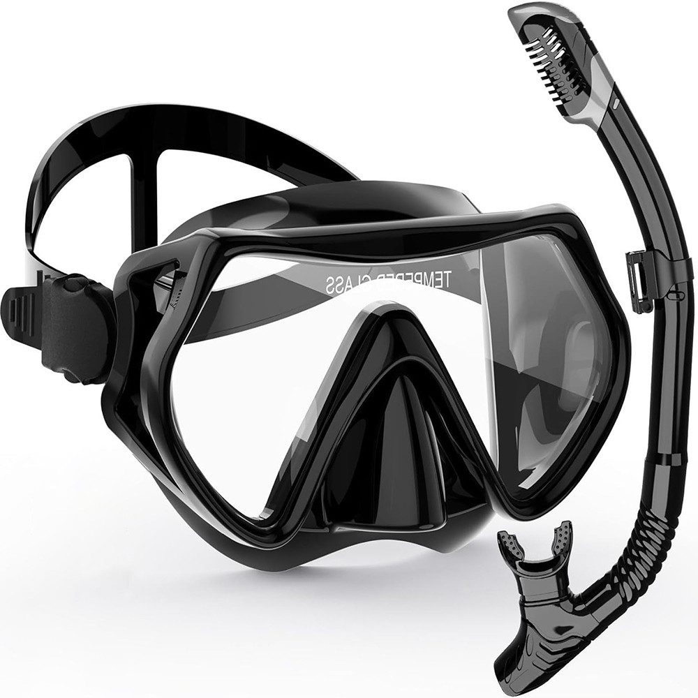 FOUORTUNATE-BEE Schnorchel Schnorchelset Anti-Fog Taucherbrille (mit 180° Panorama Sichtfeld, Dry Top Schnorchel 3-Kanal System, Auslaufsichere Tauchmaske aus gehärtetem Glas für Tauchen)