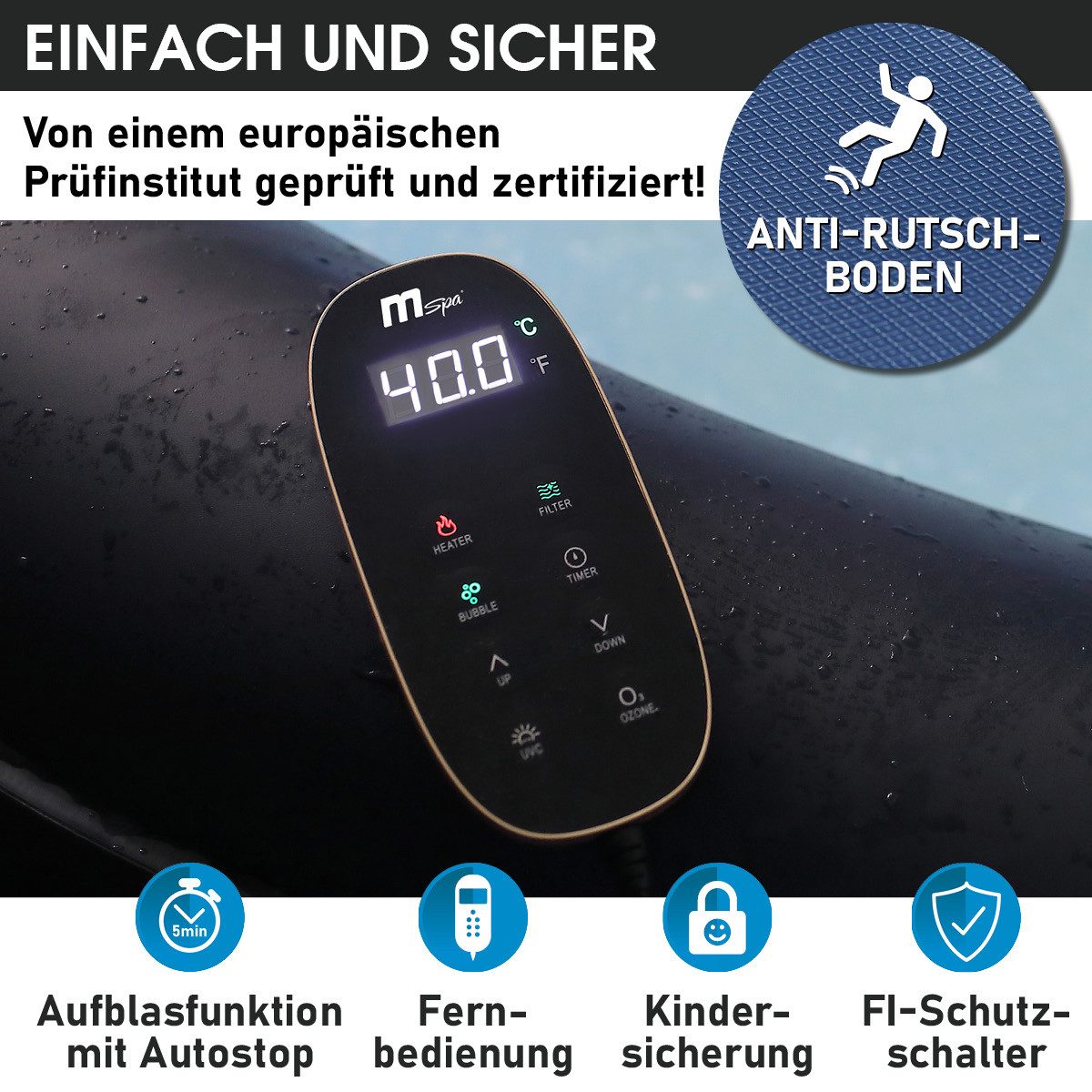 BRAST Whirlpool aufblasbar MSpa Aurora mit LED-Beleuchtung für 6 Personen Ø204x70cm, aufblasbares Aufstellbecken, (In- Outdoor Pool 138 Massagedüsen Energiespar-Timer Heizung, wählen Sie aus 20 Farben), Aufblasfunktion per Knopfdruck Bubble Wellness Massage