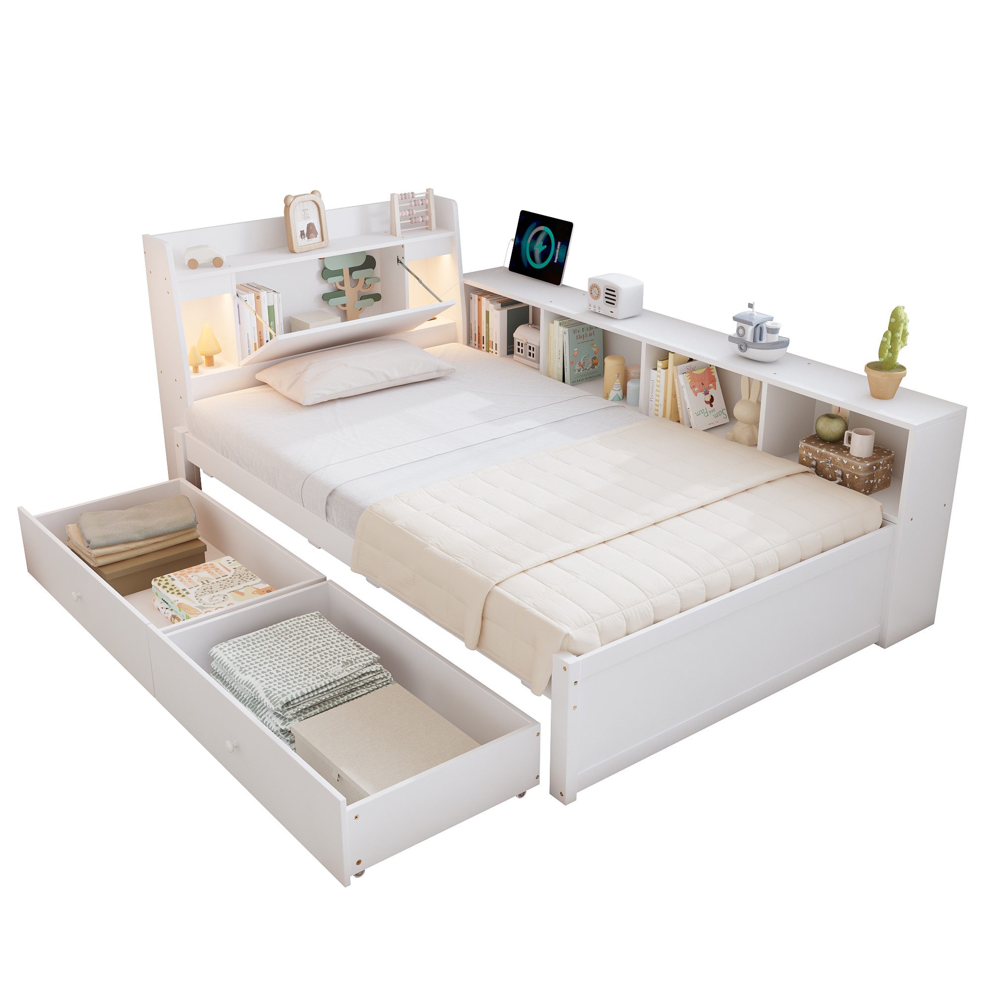 SOFTWEARY Stauraumbett (90x200 cm, Lattenrost, Schubladen, Regal, LED-Beleuchtung, Mehrfachsteckdose), Einzelbett, Holzbett, Jugendbett, Kiefer