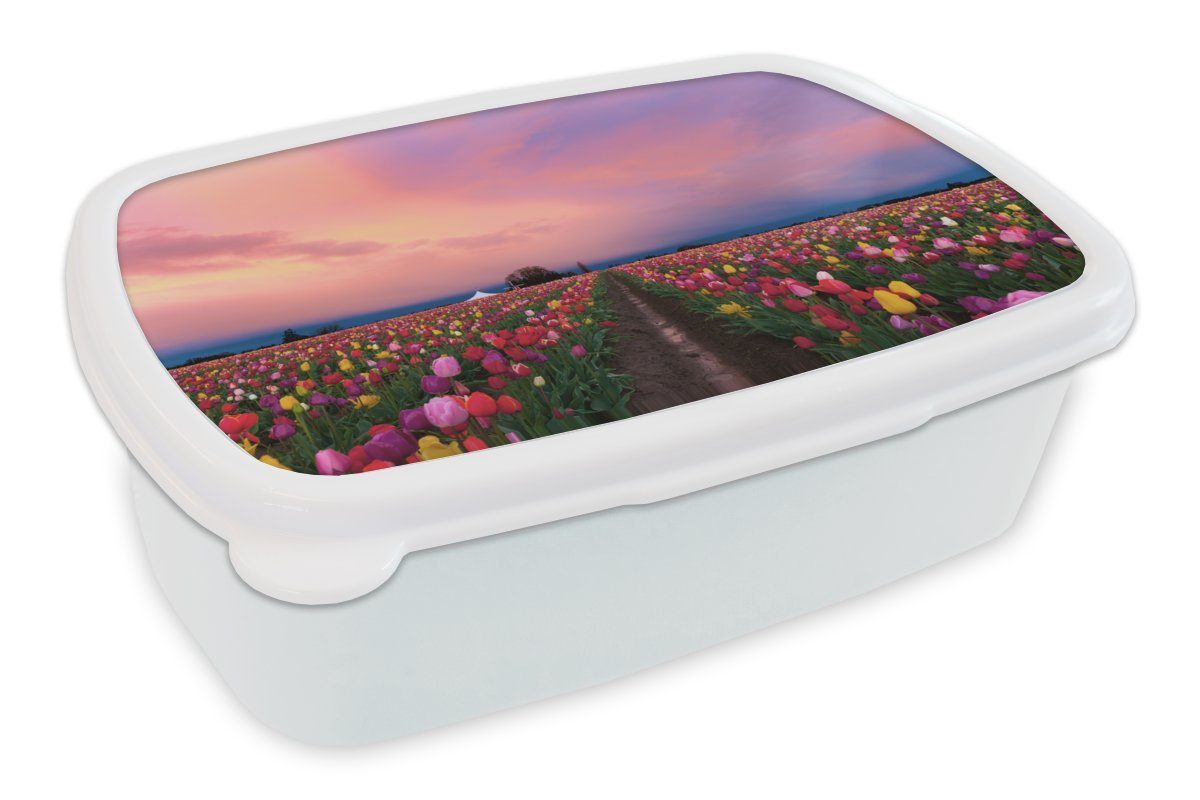 MuchoWow Lunchbox Die farbenfrohen Tulpenfelder, Kunststoff, (2-tlg), Brotbox für Kinder und Erwachsene, Brotdose, für Jungs und Mädchen weiß