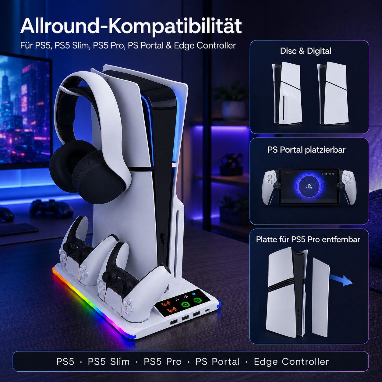 Luckice PlayStation Portal Ladegerät mit Headset- und Fernbedienungshalter Nintendo-Controller (Spar-Set, 1 St., PS5 Controller-Ladestation mit 3 USB-Hubs & RGB – Bild 2 von 5