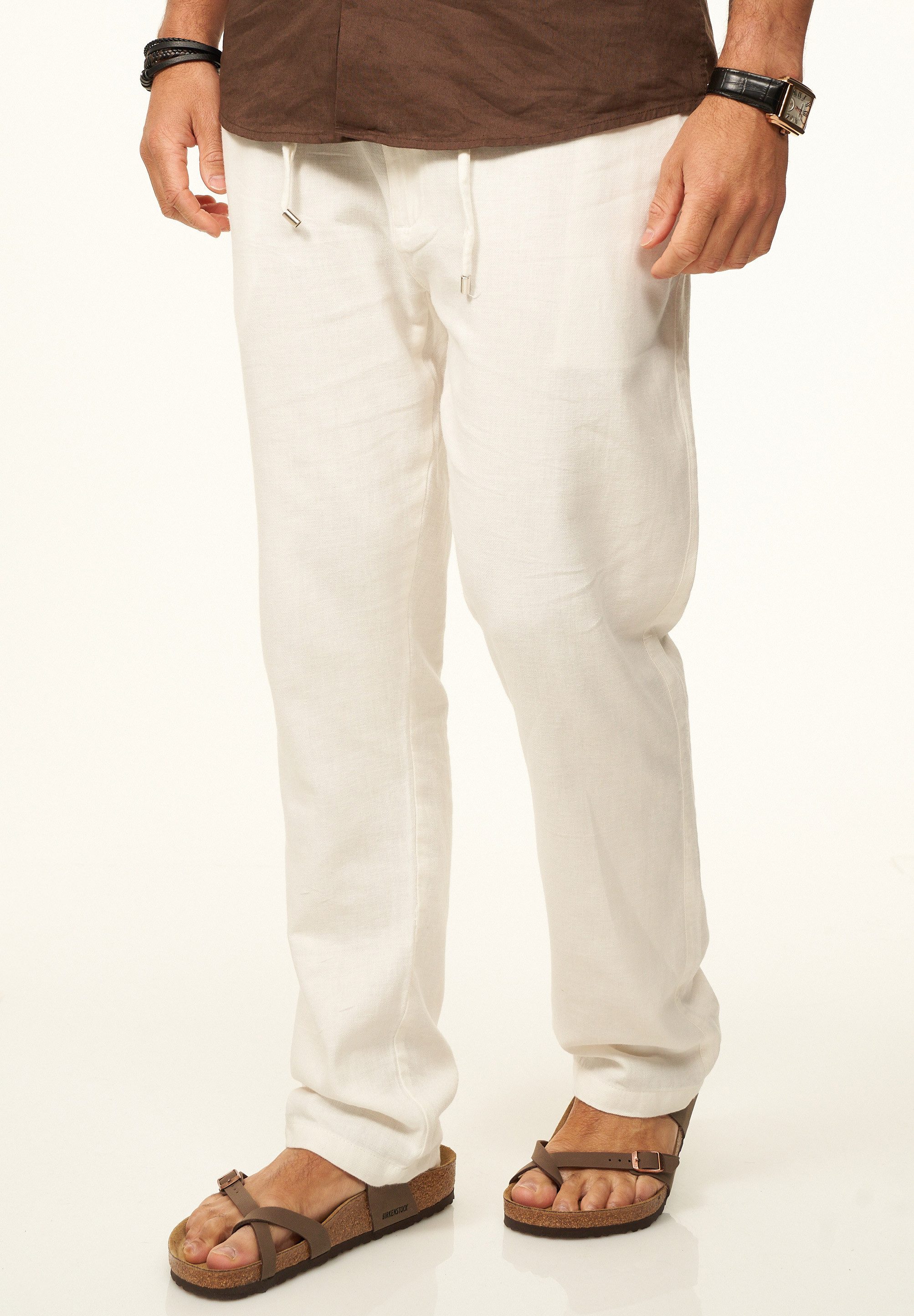 behype Leinenhose im Chinohosen Stil mit Gummibund & Kordel Herren luftige Stoffhose als Sommerhose - Freizeithose