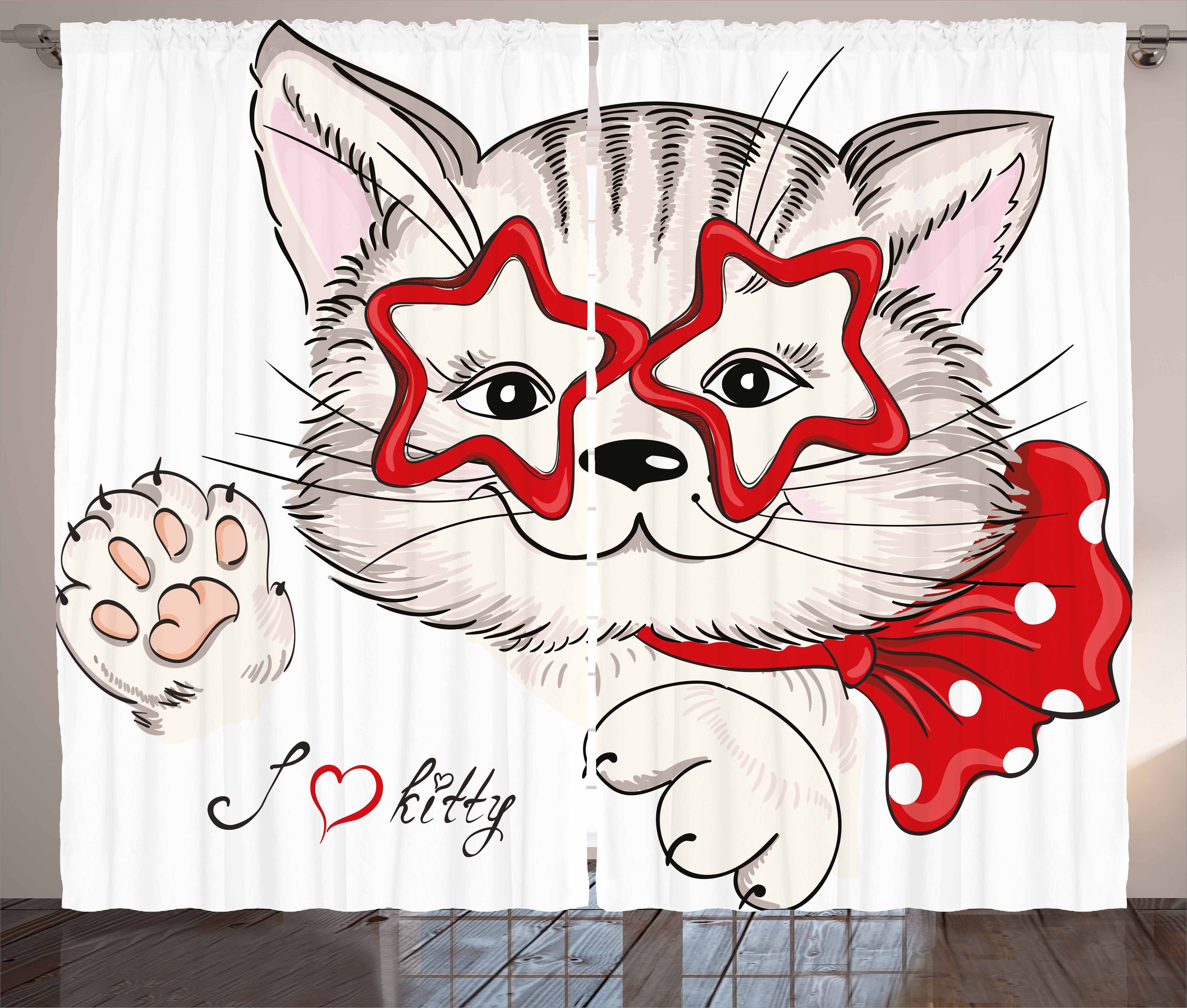 Gardine Schlafzimmer Kräuselband Vorhang mit Schlaufen und Haken, Abakuhaus, Katze Cat Star Brille Lustig