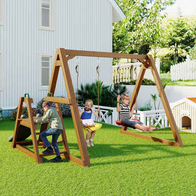 REDOM Doppelschaukel Schaukel Kinderschaukel mit Rutsche und Kletterleiter, (Robuste Kinderschaukel für Kinder Outdoor, Schaukelgerüst Schaukelgestell aus Massivholz 238,5x240x168,9cm)