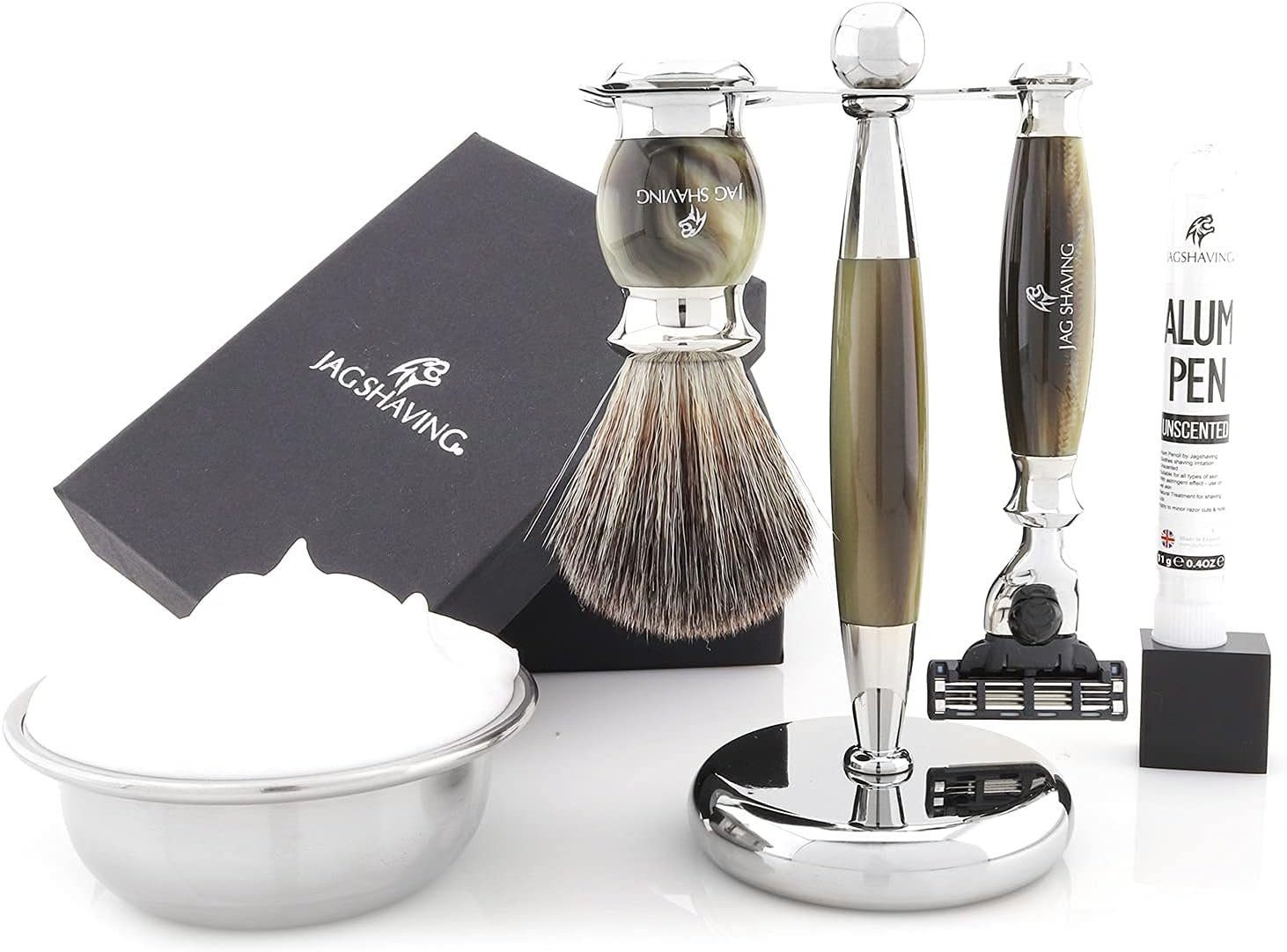 JAG SHAVING Rasierset 6-teiliges Rasierset für den täglichen Privatgebrauch, 6-tlg., Gillette Mach 3 Rasierer, Dachsbürste, Halter, Seife + Schüssel, Alaun, made of rasin mattiral premium