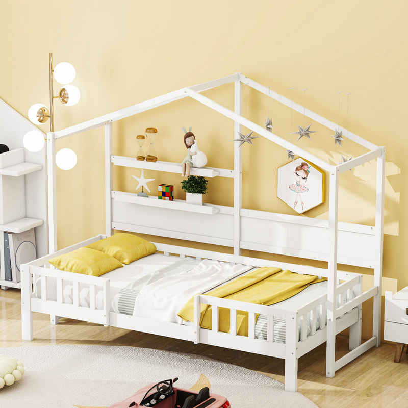 MODFU Kinderbett Holzbett, mit lustigem Dach und Sicherheitszaun (Schlafsofa 90 x 200 cm), ohne Matratze