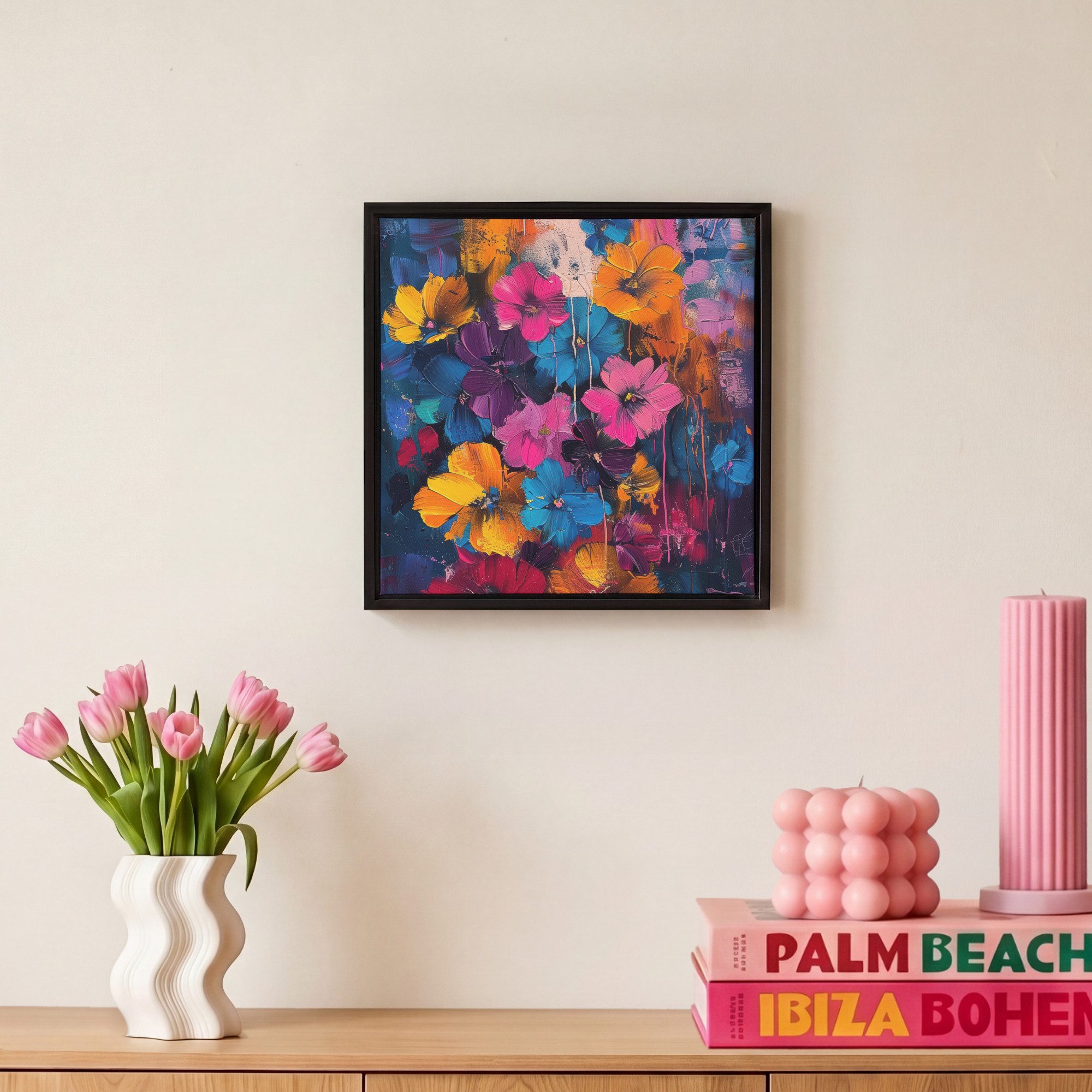 OneMillionCanvasses® Leinwandbild mit Rahmen - Blumen - Bunt - Abstrakt - Modern, Fotodruck (1 St), Leinwand Bilder Klein, Wand Dekoration Aesthetic 20x20cm – Bild 4 von 5