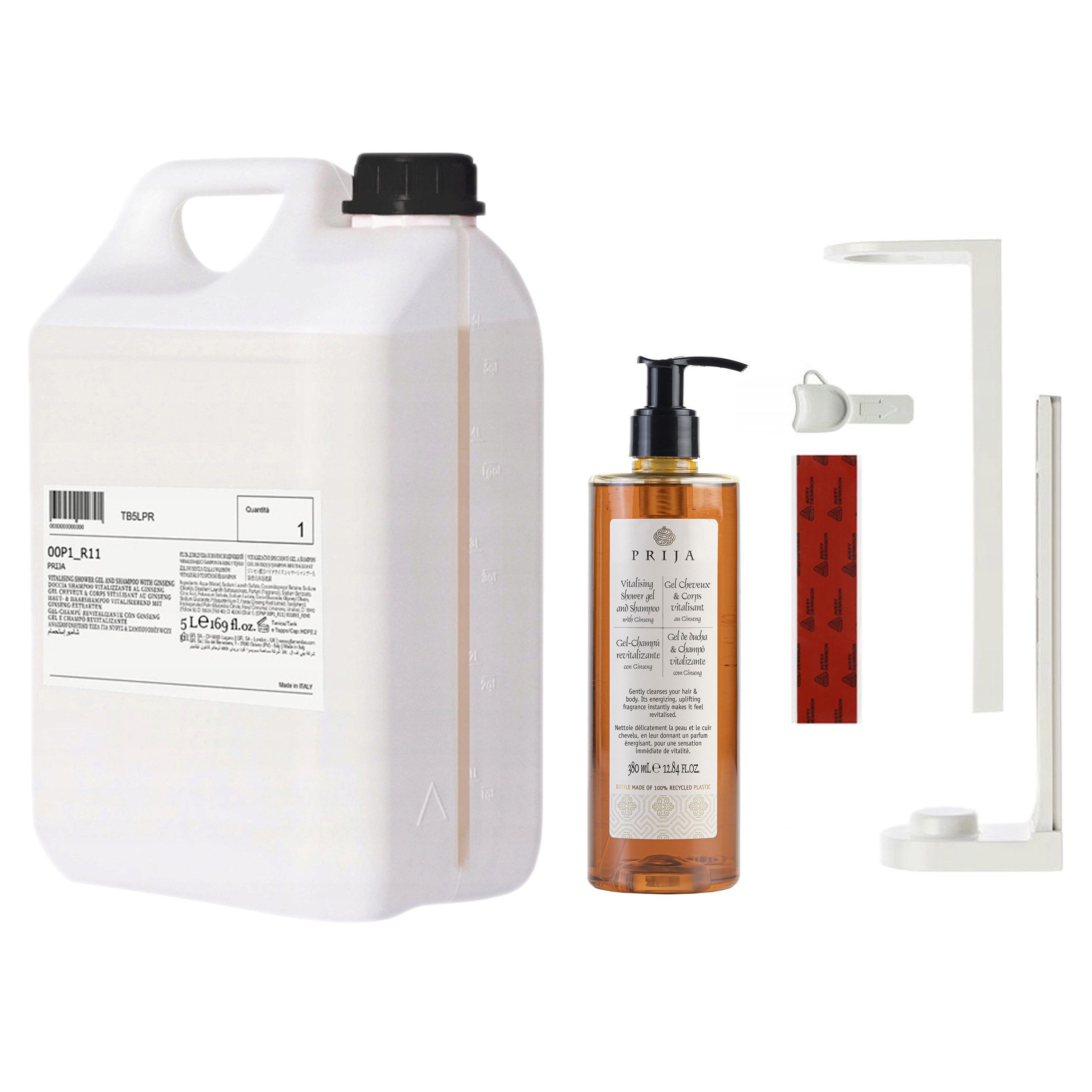 PRIJA Gelshampoo PRIJA-Set: weißer Flaschenhalter, 380ml Shampoo/Duschgel + 5l Vorrat