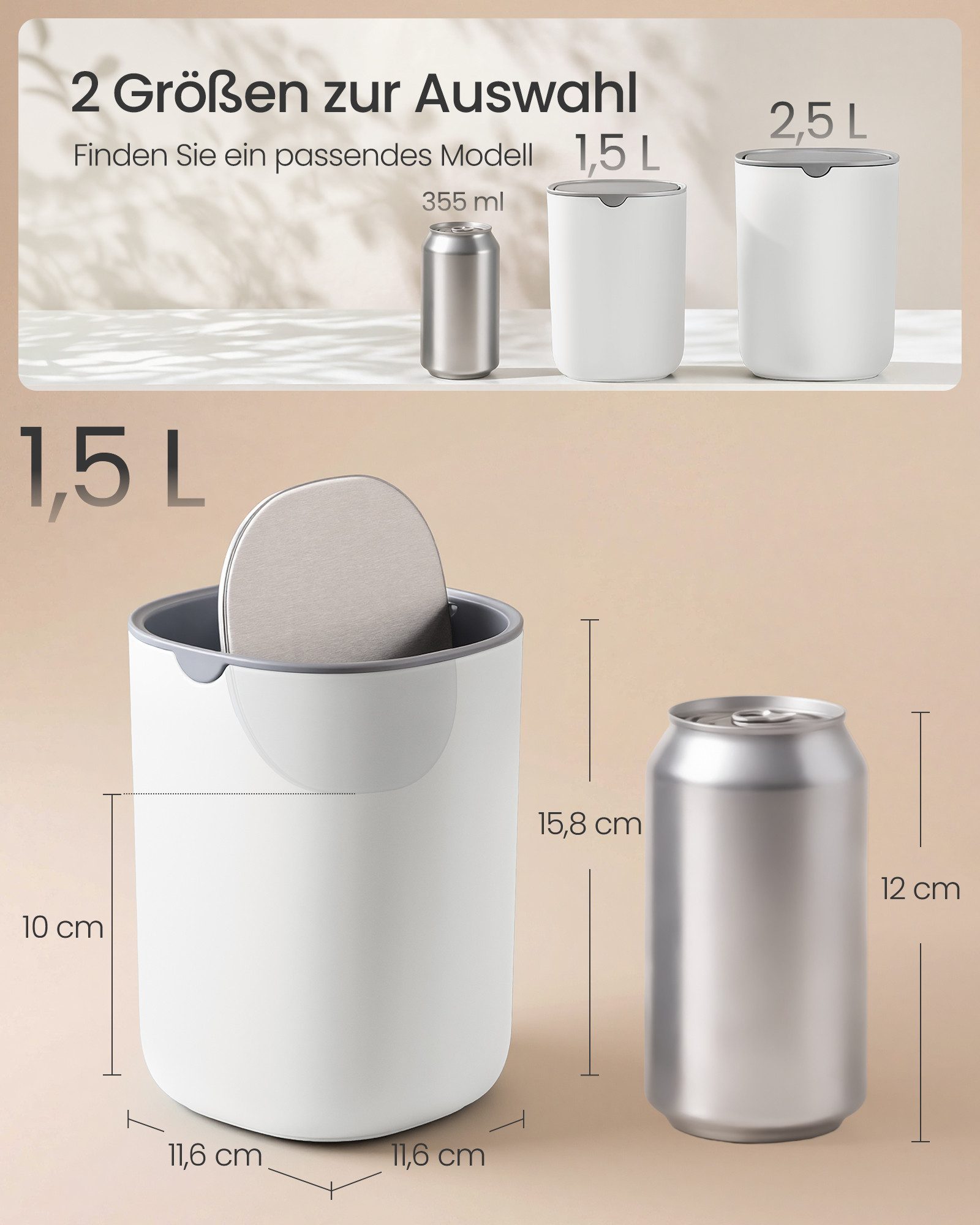 SONGMICS Kosmetikeimer mit Deckel, Tischmülleimer, 1.5L, für Schreibtisch, Schlafzimmer, Auto, Schwingdeckel aus Edelstahl