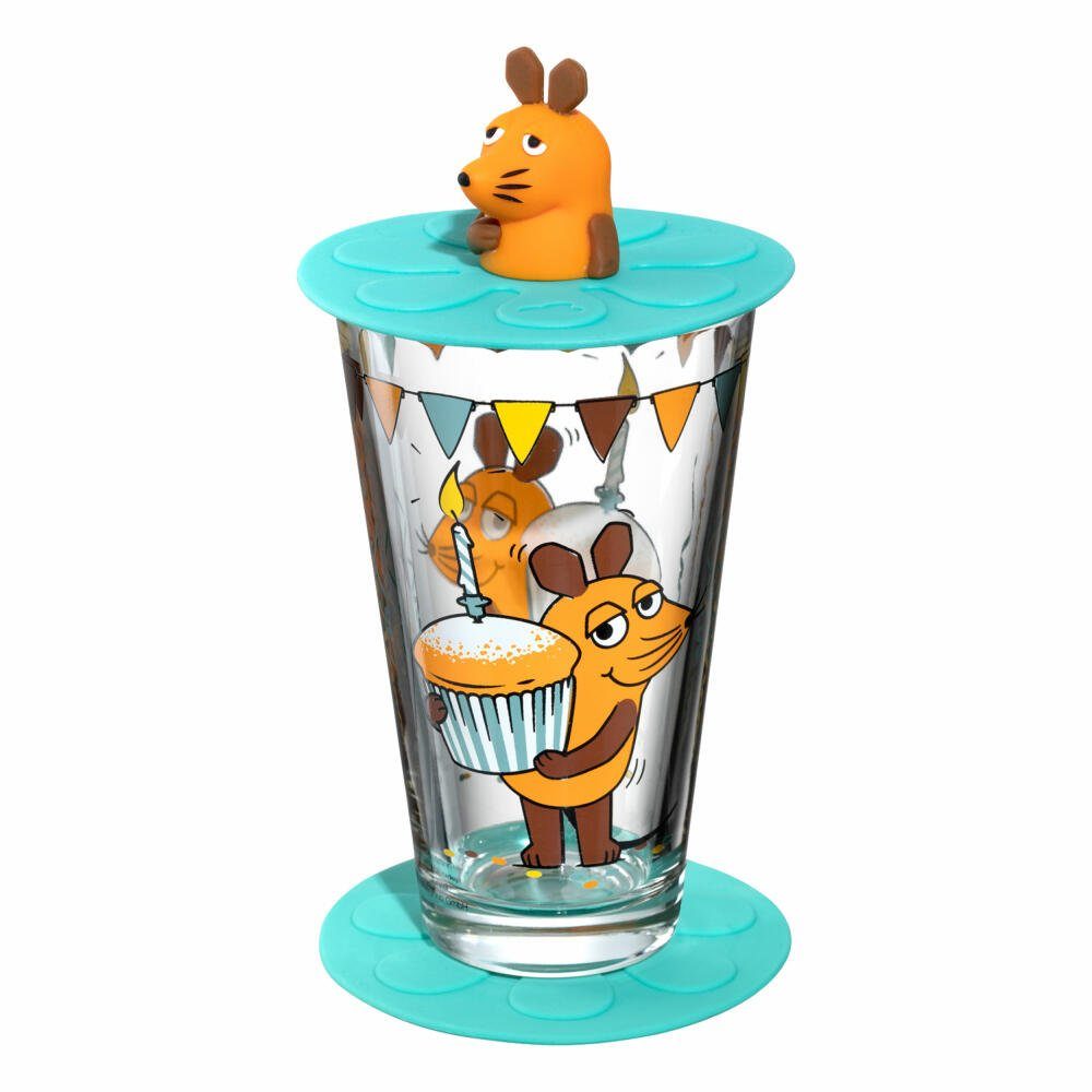 Set Bicchieri Per Bambini LEONARDO Avventura 3 Pezzi, Vetro Con Coperchio E Sottobicchiere In Silicone, Motivo Universo, 300 Ml
