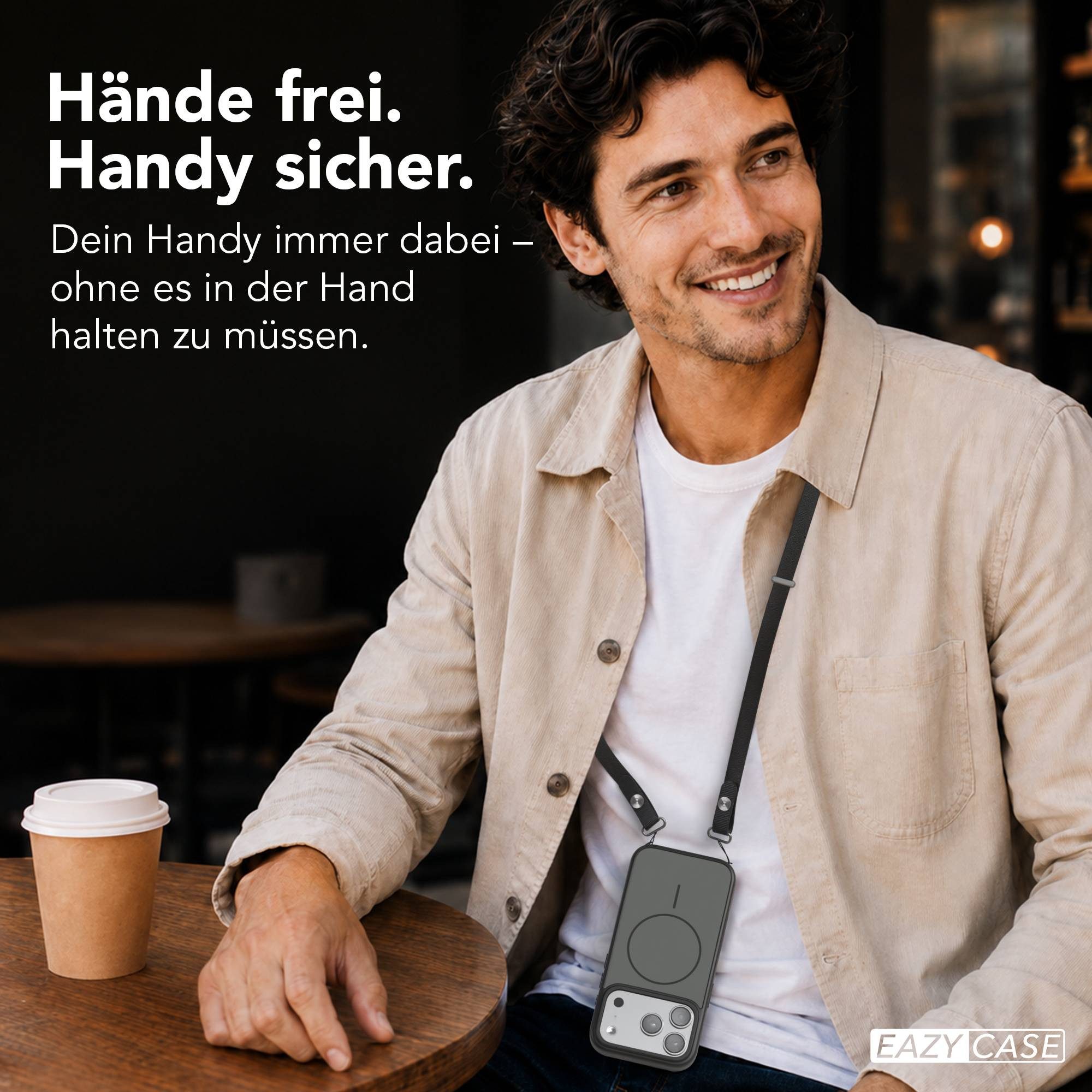 EAZY CASE Handykette Outdoor Case Thin MagSafe mit Band für Apple iPhone 17 Pro 6,3 Zoll, Outdoor Case mit Slim MagSafe Ring und Handykette in Schwarz
