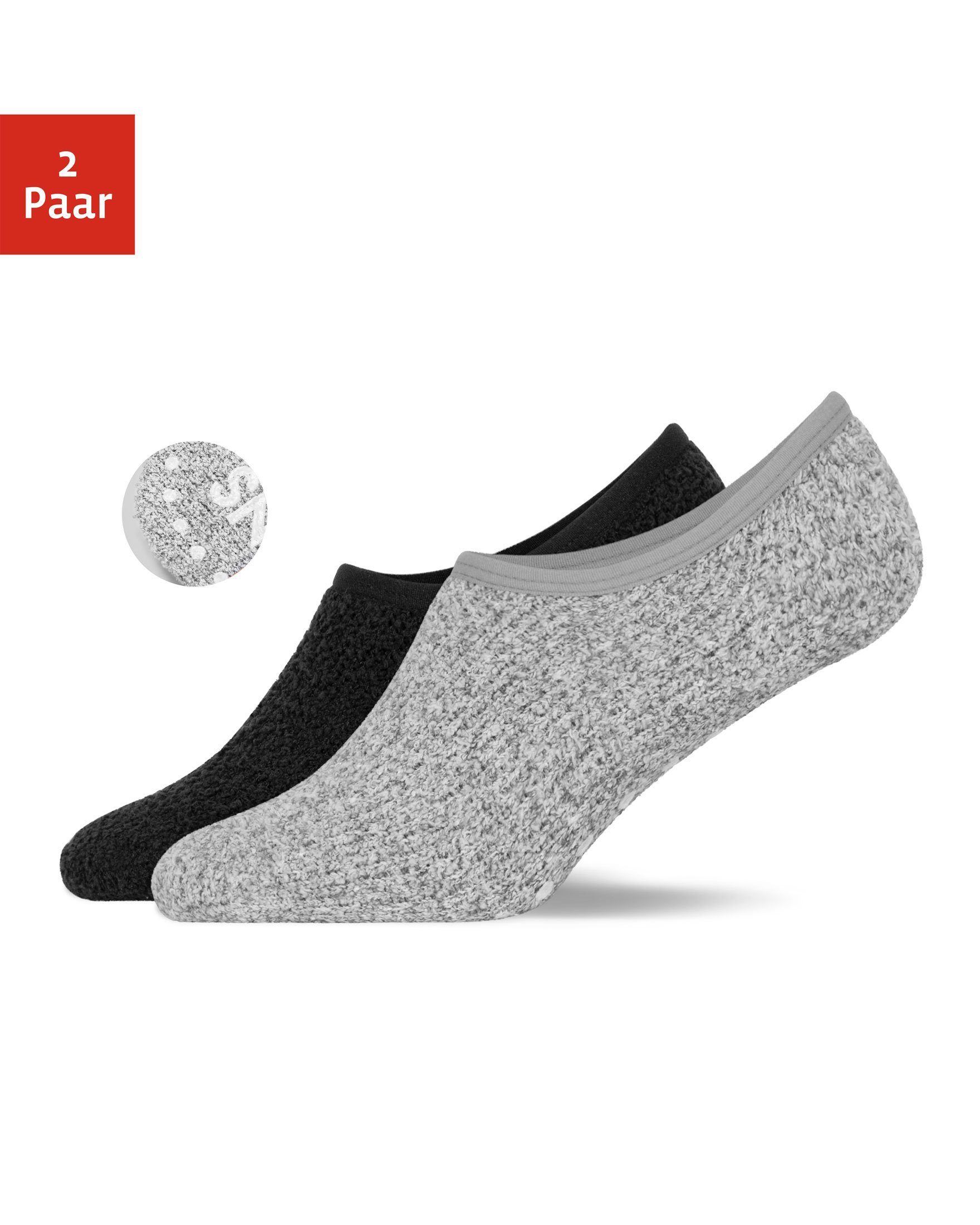 SNOCKS Füßlinge Fluffy Invisible Socks Sneaker Socken Damen Herren (2-Paar) Anti-Rutsch-Socken, kuschelig weich für den Winter 1x schwarz, 1x grau
