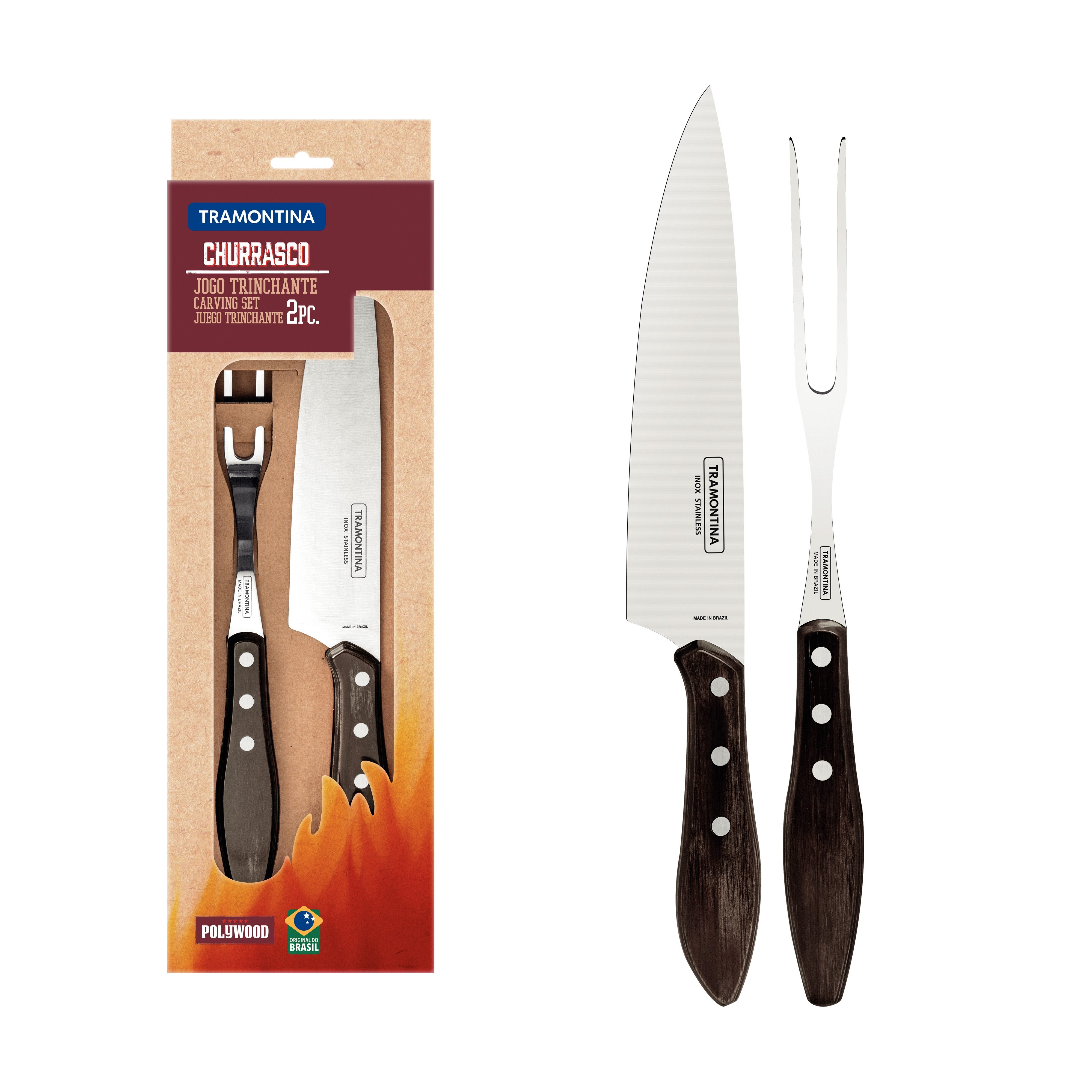 Tramontina Tranchierbesteck CHURRASCO 2-teiliges Set - rostfreier Edelstahl, Holzgriff, rostfrei, FSC-zertifiziert, spülmaschinenfest