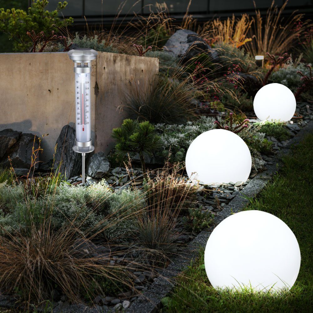 LED-Leuchtmittel Globo Kugel Außenlampe LED Solarleuchte LED fest Akku Gartenleuchte, Thermometer Warmweiß, Solarlampe verbaut,