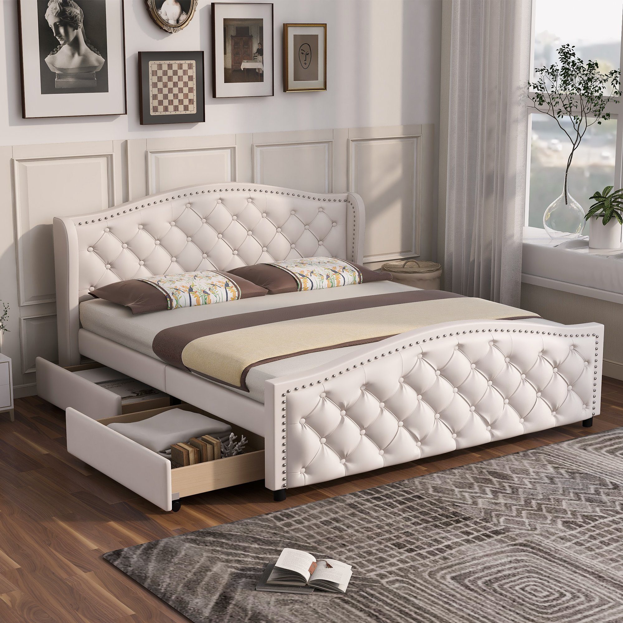 WISHDOR Polsterbett Doppelbett Stauraumbett Bett (Weiß 140 x 200 cm ohne  Matratze), mit Lattenrost, Holz & Kunstleder