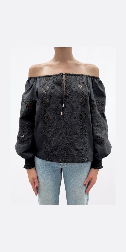 Liu Jo Carmenbluse – Elegante Langarmbluse mit Stickerei - Bluse schulterfrei