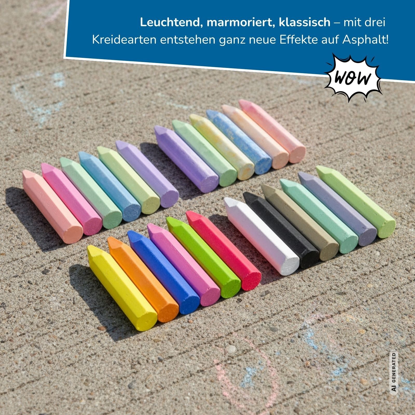 alldoro Malkreide Großes Straßenmalkreide-Set, 48 Kreiden in Neon, Batik & Vollfarben, Straßenkreide für Kinder ab 3 Jahren, inkl. 3 Kreidehalter