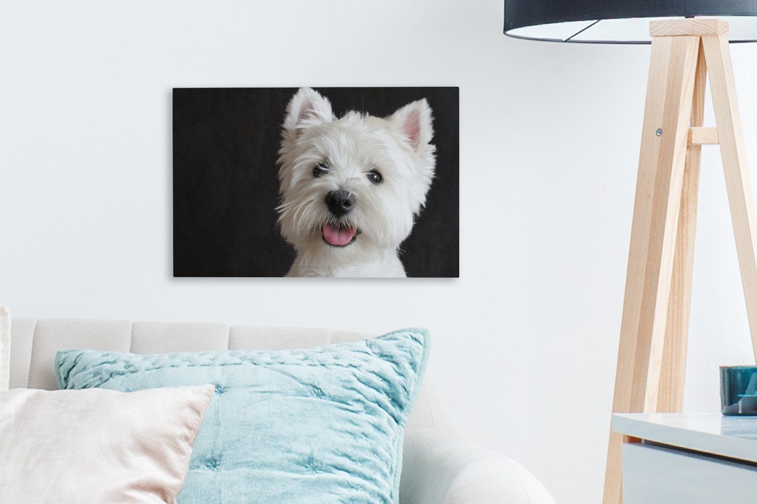 OneMillionCanvasses® Leinwandbild Highland Wanddeko, Leinwandbilder, West Wandbild St), Terrier schwarzem auf cm Hintergrund, 30x20 Aufhängefertig, (1
