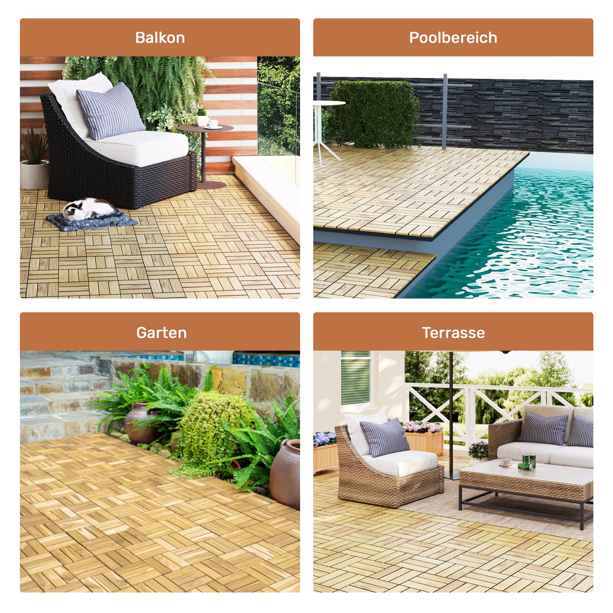CHICFURN Terrassendielen Klickfliesen aus Akazien-Hartholz mit Schachbrettmuster, BxL: je 30,00x30,00 cm, (Packung, 11-St., 11-teiliges Set für Terrasse Balkon und Poolbereich), Gelb, quadratisch 30 × 30 cm