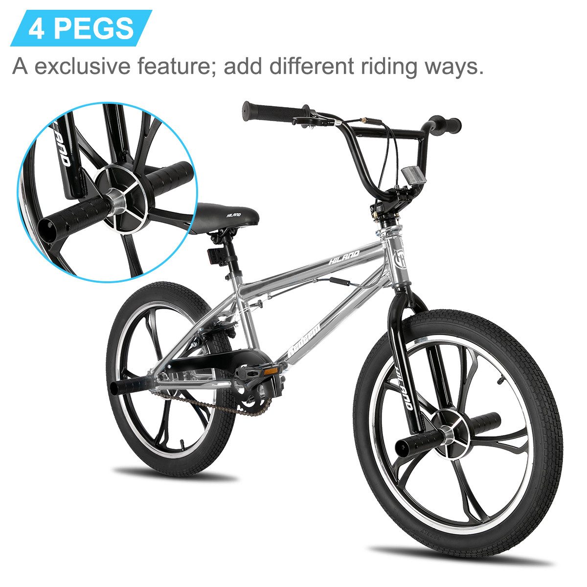 HILAND BMX-Rad 20 Inch 5 Spoke Kids BMX Bike for Boys Girls Ages 5-12, 360 Degree Rotor Freestyle, 4 Pegs Single Speed