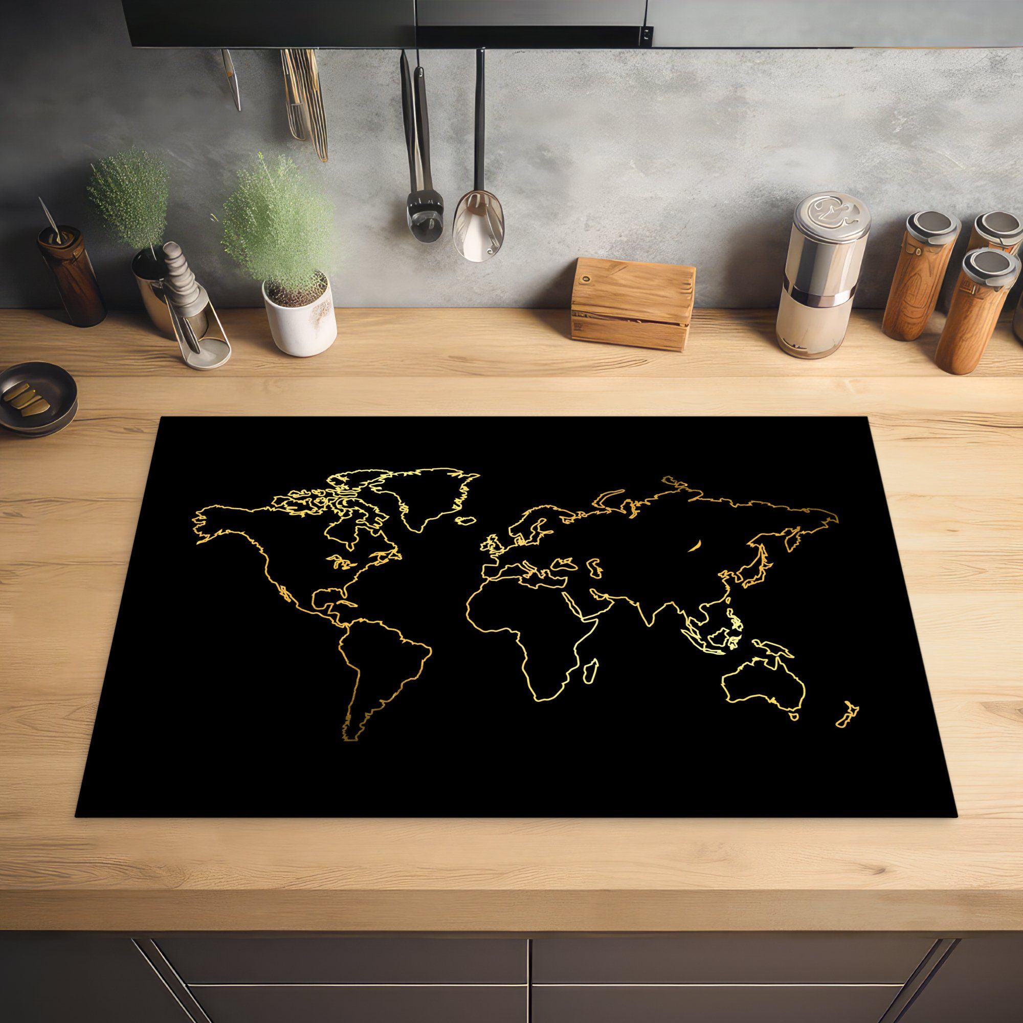Hintergrund, MuchoWow Weltkarte die Vinyl, Goldene Ceranfeldabdeckung küche, für Herdblende-/Abdeckplatte tlg), auf cm, 81x52 Induktionskochfeld (1 schwarzem Schutz