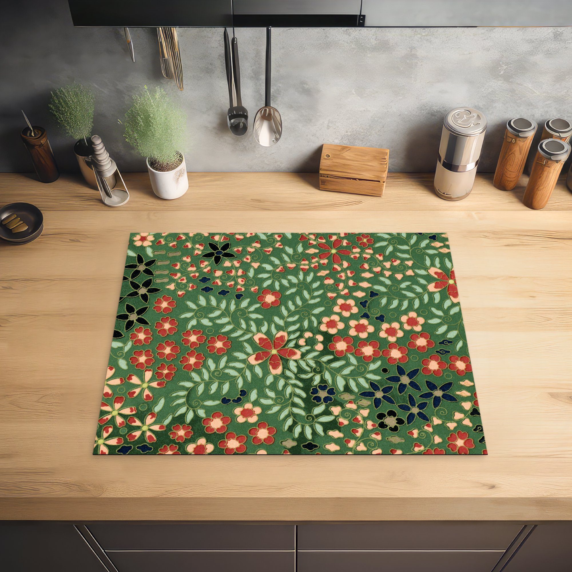 MuchoWow Herd-Abdeckplatte Blumen - Grün - Weihnachten - Rot - Feiertage, Vinyl, (1 tlg), Abdeckung Induktionskochfeld Schutzmatte, Küche Deko, 65x52 cm