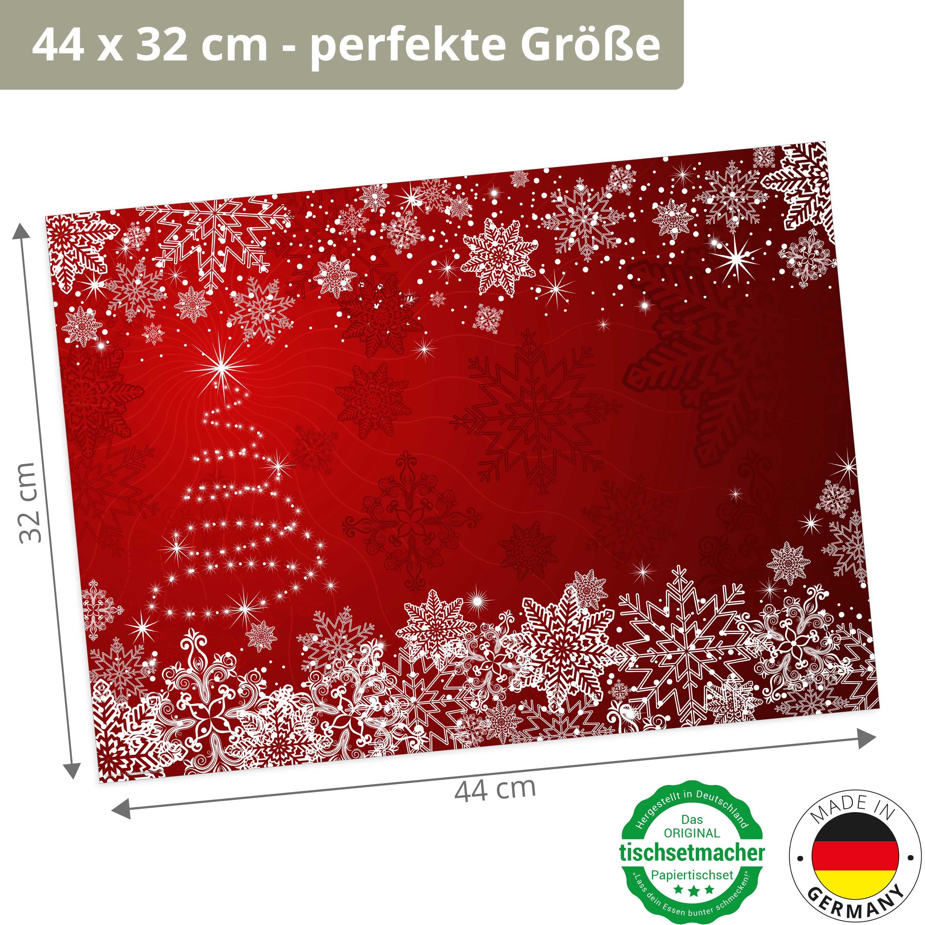 Tischsetmacher Platzset Tischsets I Platzsets - Weihnachten - Weihnachtsbaum & Schneekristalle, (aus Naturpapier in Aufbewahrungsmappe, 12-St., 44 x 32 cm / rot), Made in Germany