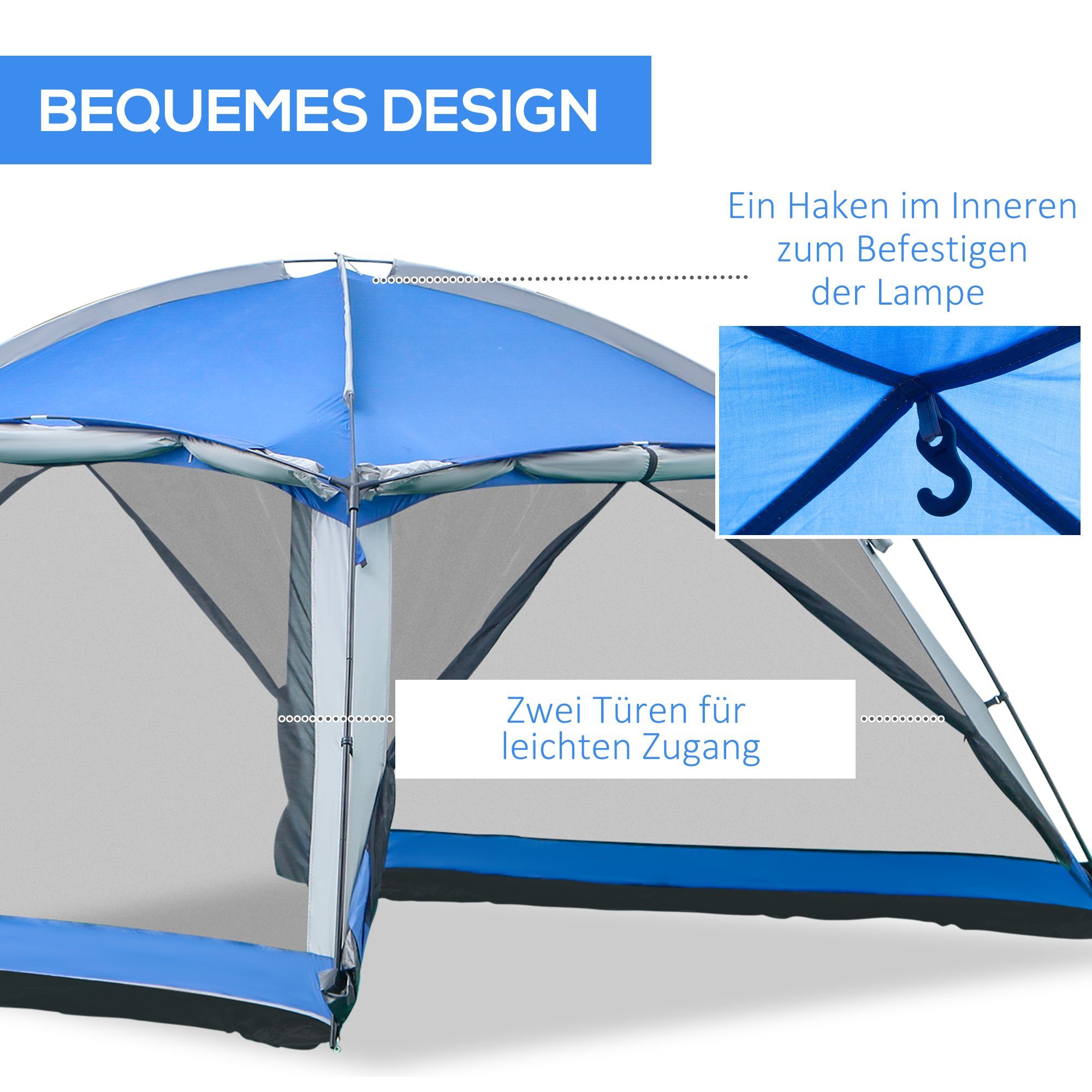 Fenster Zelt Zelt Faltzelt Blau Glasfaser 2 Camping Outsunny Familienzelt Personen Zelt, Camping 8